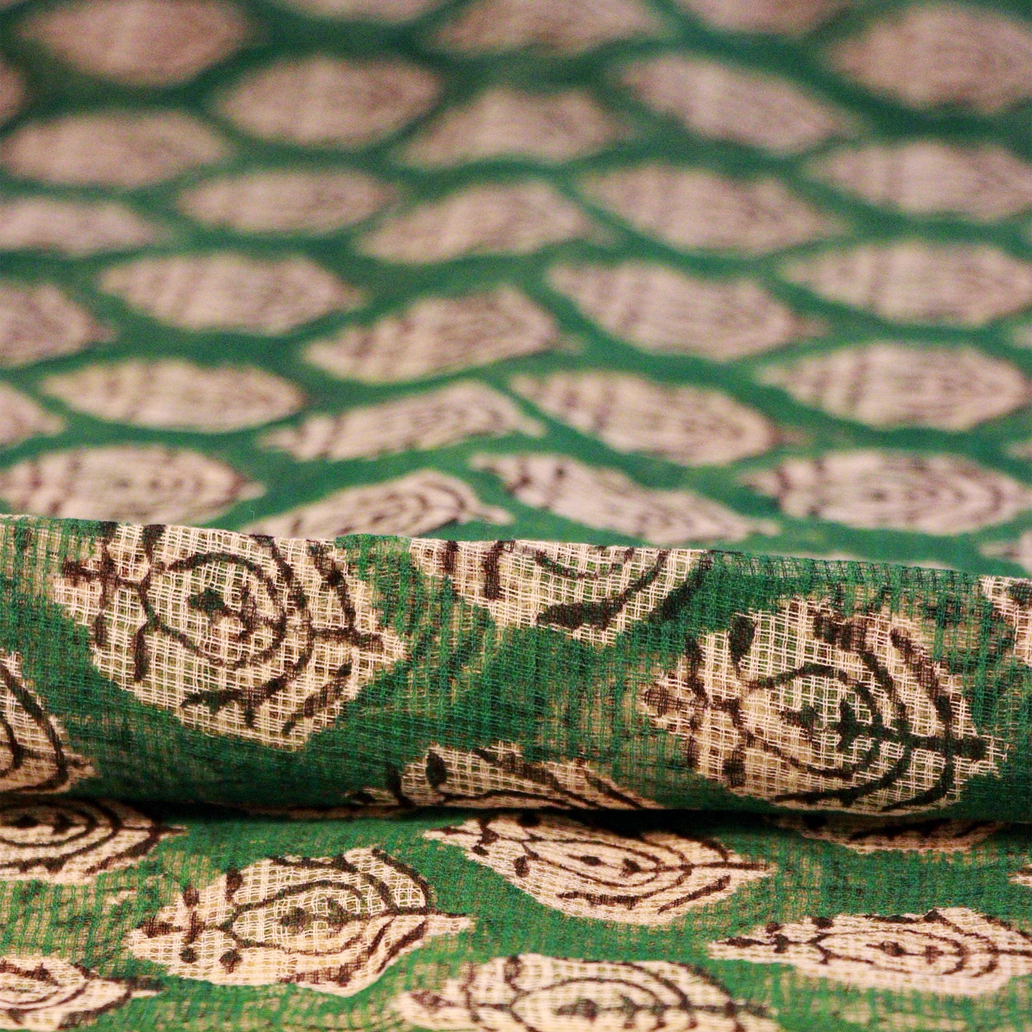 Shop Green Kotadoria saree featuring traditional block print design