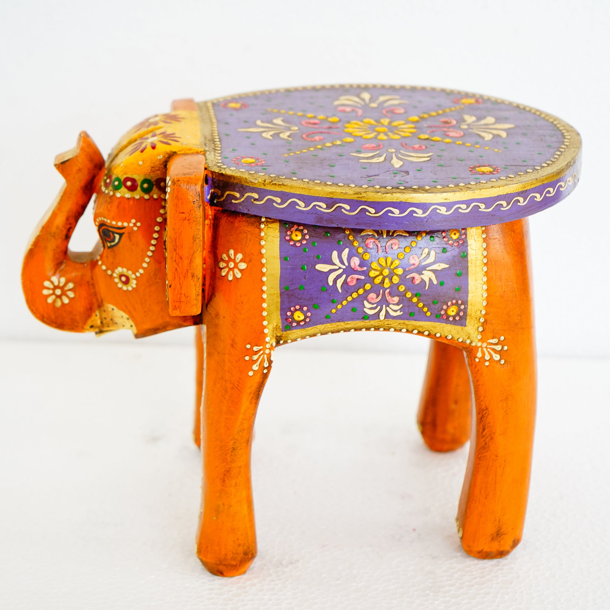 Hand-Painted Wooden Elephant Purple Stool