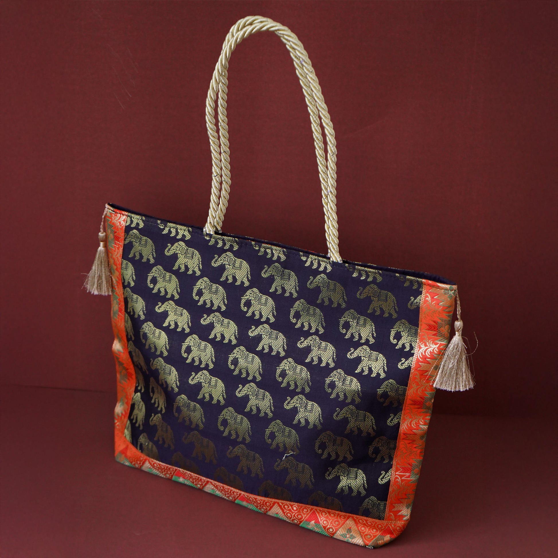 Black Banarasi Fabric Bag with Golden Zari Work