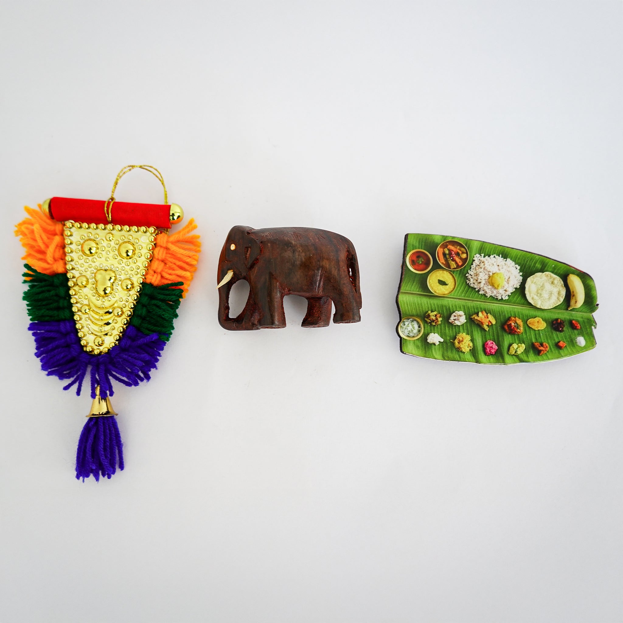 Traditional Onam Decor Mini Gift Set - Elephant, Sadhya Fest Magnet & Nettipattam Car Hanging