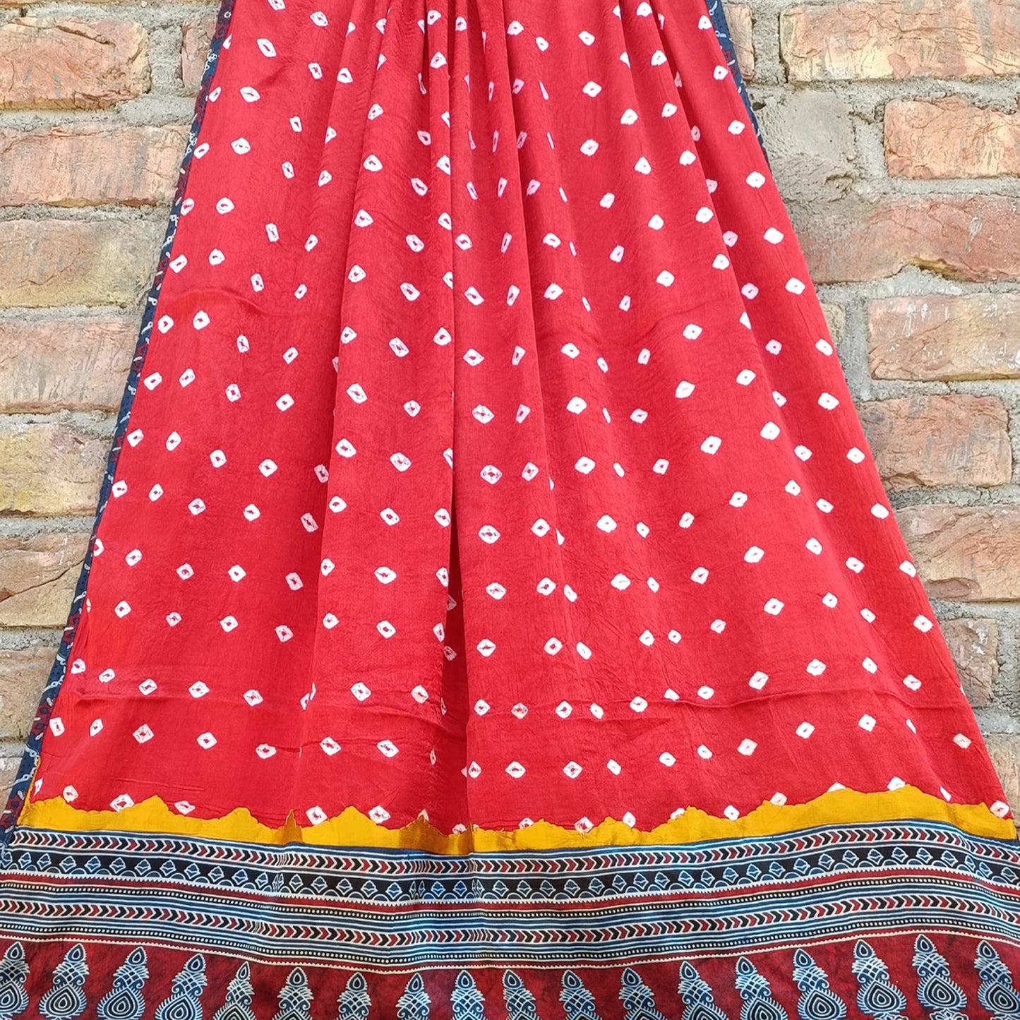 Ajrakh  Bandhani Print and Patchwork Dupatta - Pure Modal Silk - Scarlet Red