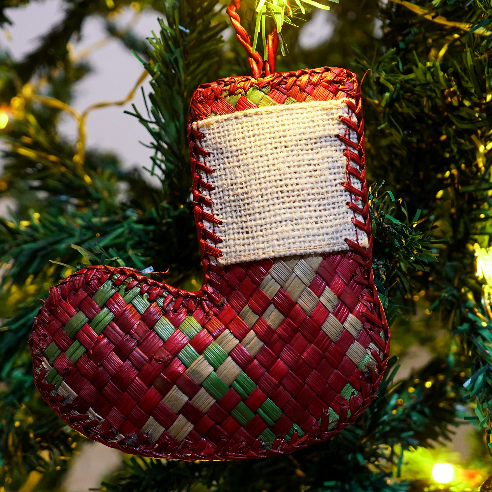 Eco-Friendly Christmas Tree Decoration-Red Santa Boot|Handmade Screw Pine