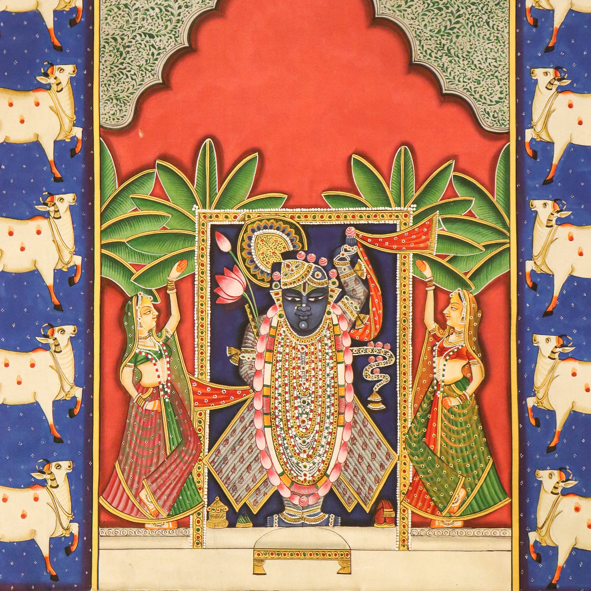 Srinathji Pichwai Painting with Gopikas, Sacred Cows Devotional Indian Art(36 X 48 Inches)-Made to Order