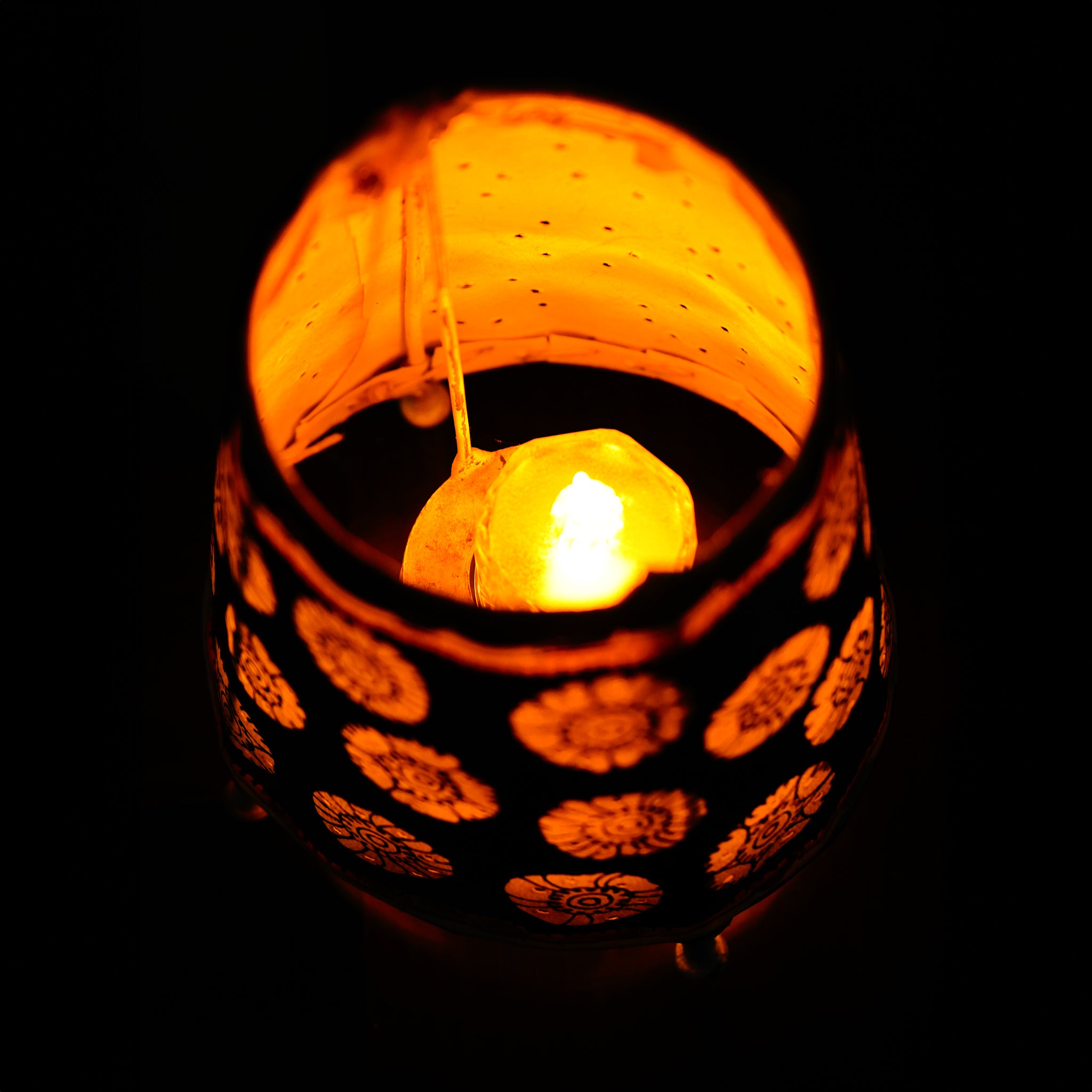 Andhra Leather Craft Black Lamp with White Floral Motif