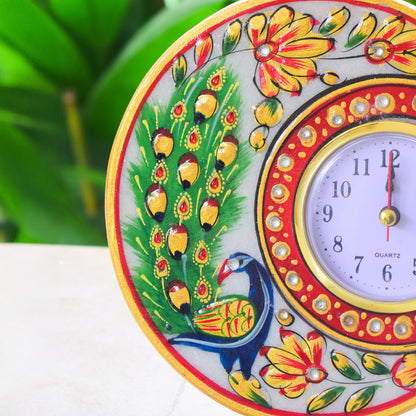 Kishangarh Marble Clock with Hand-Painted Peacock Motifs