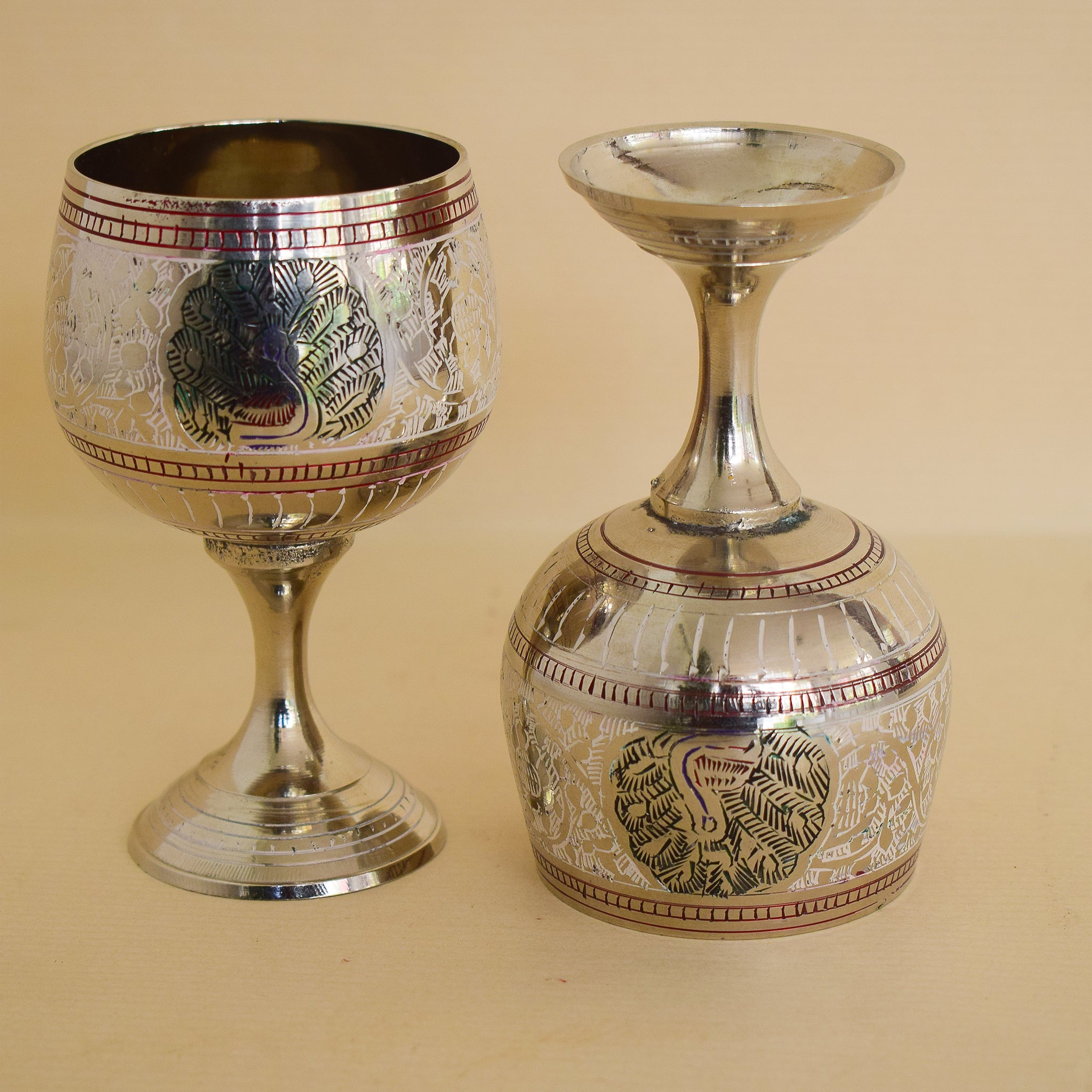 Brass Wine Glass with Handmade with Peacock Minakari Work-Set of Two