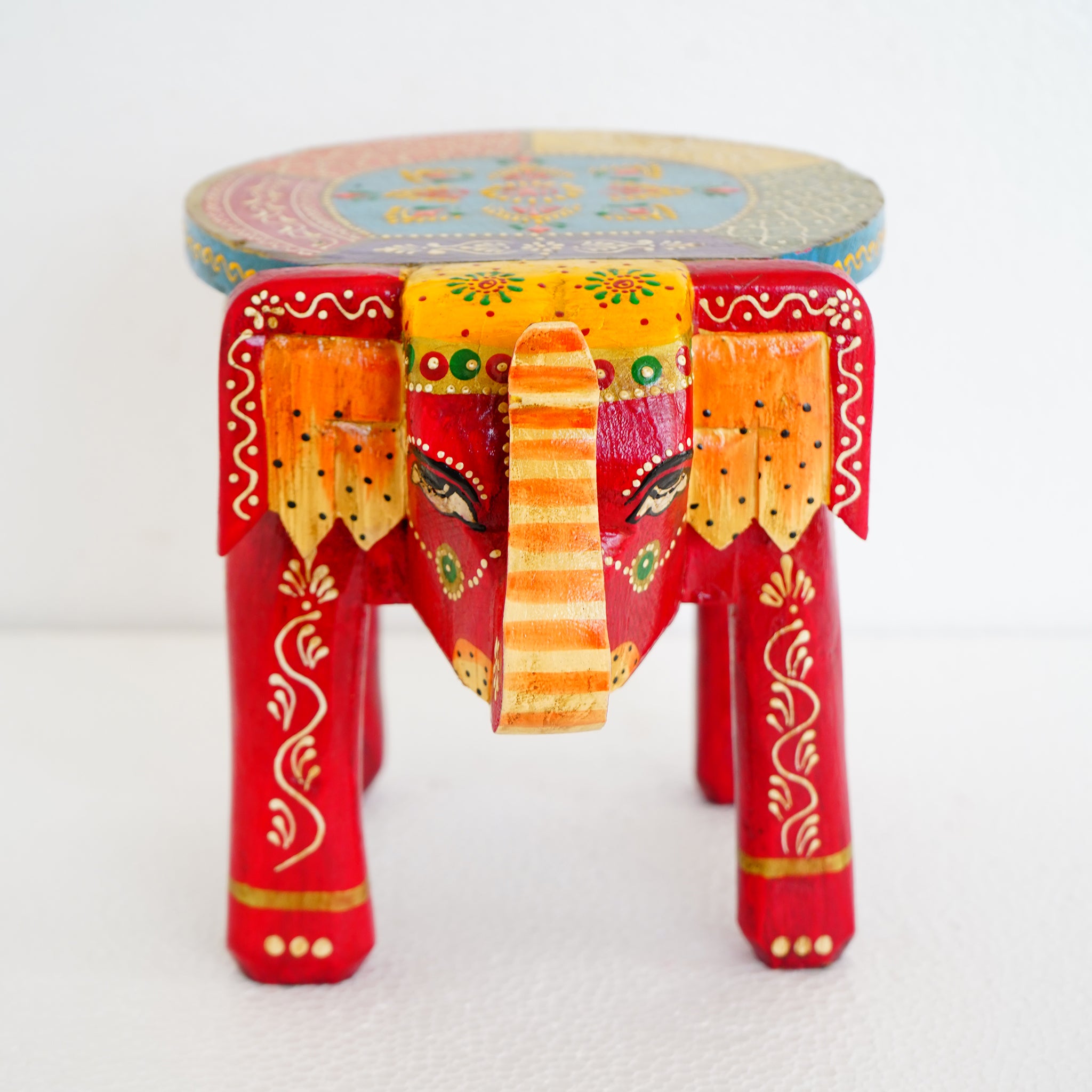 Hand-Painted Wooden Elephant Stool-Multicolor