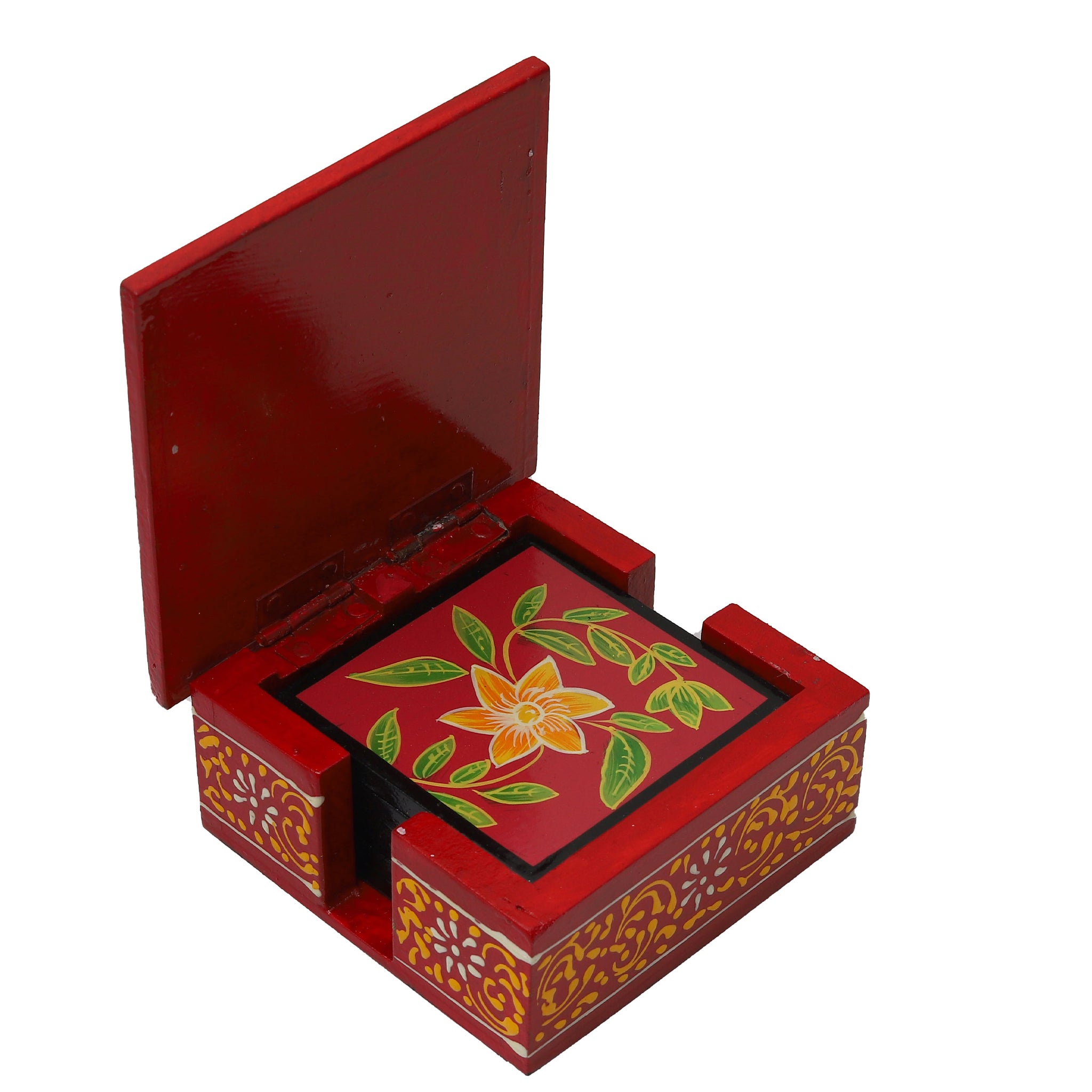 Hand Painted Flower Square Shaped Wooden Tea Coaster Red Color- Set of 6