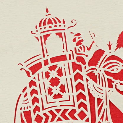 Royal Procession: Sanjhi Paper Cutting Art-Haanthi Ki Sawari-Red Background