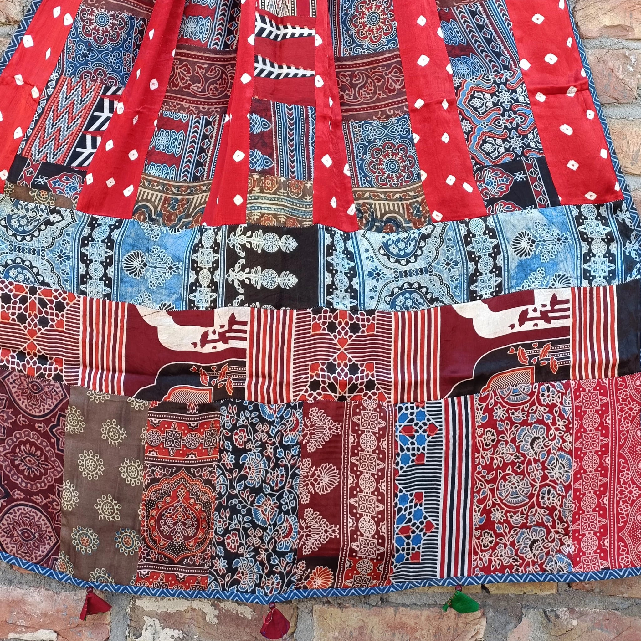 Ajrak Patchwork and Batik Print Dupatta - Pure Modal Silk - Scarlet Red and Blue