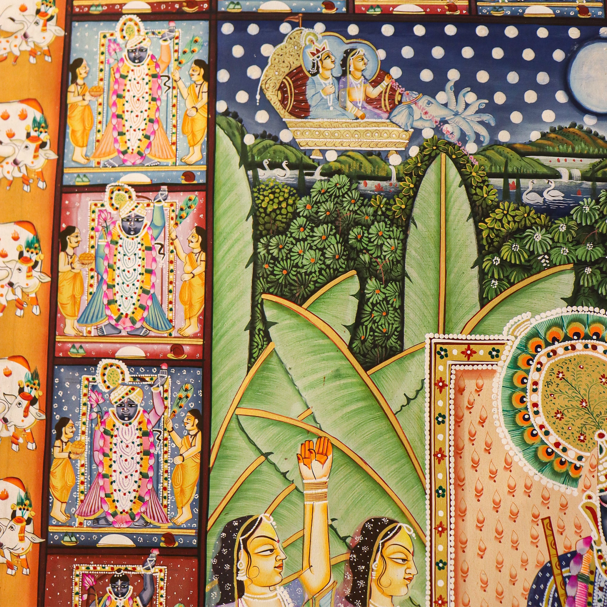 Srinathji Pallakh Pichwai Painting with Krishna Avatars & Sacred Cow Border(44 X 62 Inches)-Made to Order