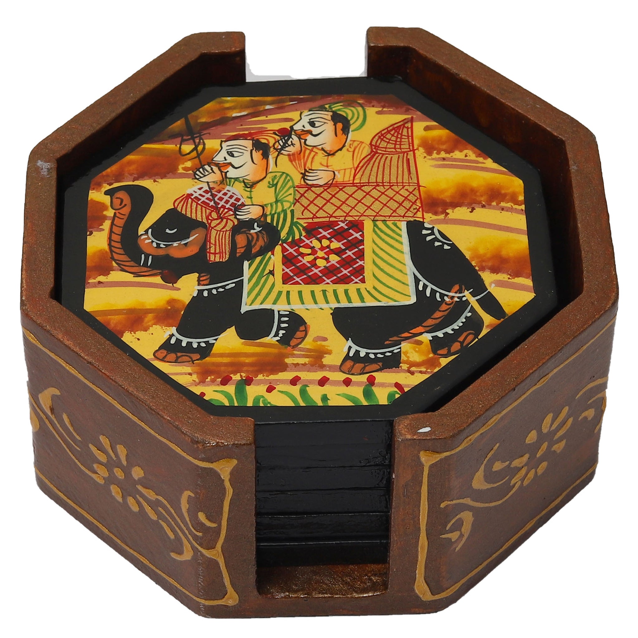 Hand Painted Ambabari Elephant octagonal Shaped Wooden Tea Coaster - Set of 6