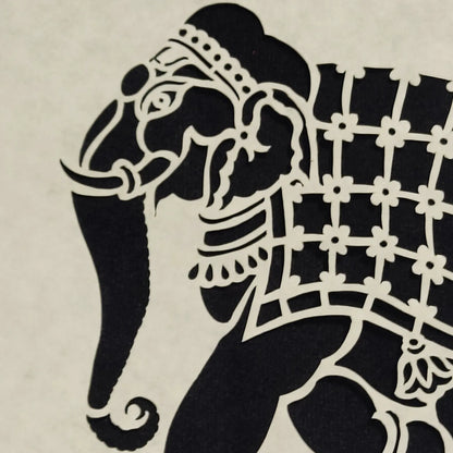 Lucky Elephant: Sanjhi Paper Cutting Art on White Background