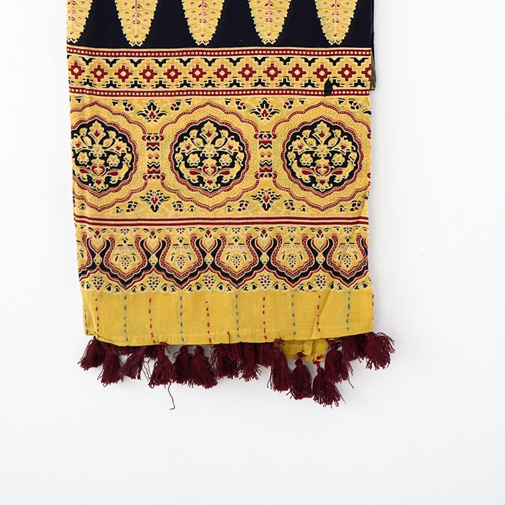 Handcrafted Ajrakh Dupatta | Traditional Block Print & Kantha Embroidery