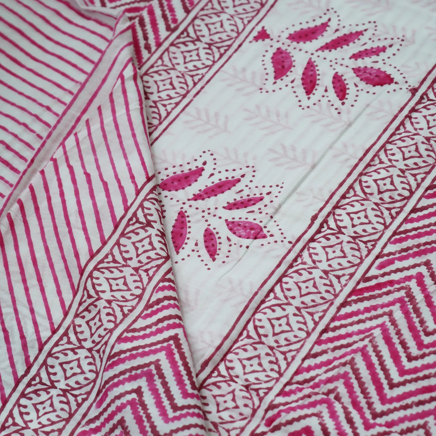 Summer Splash: Hand Block Printed-White and Rani Pink-Geometric Border