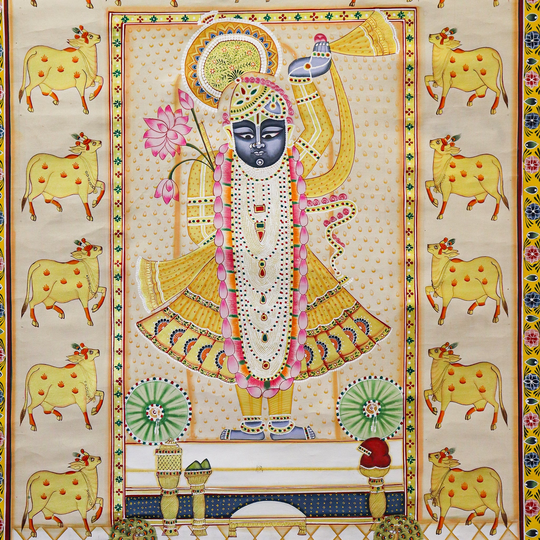 Divine Srinathji Pichwai  Handcrafted Art with Yellow & White Cow Pattern(32 X 44 Inches)-Made to Order