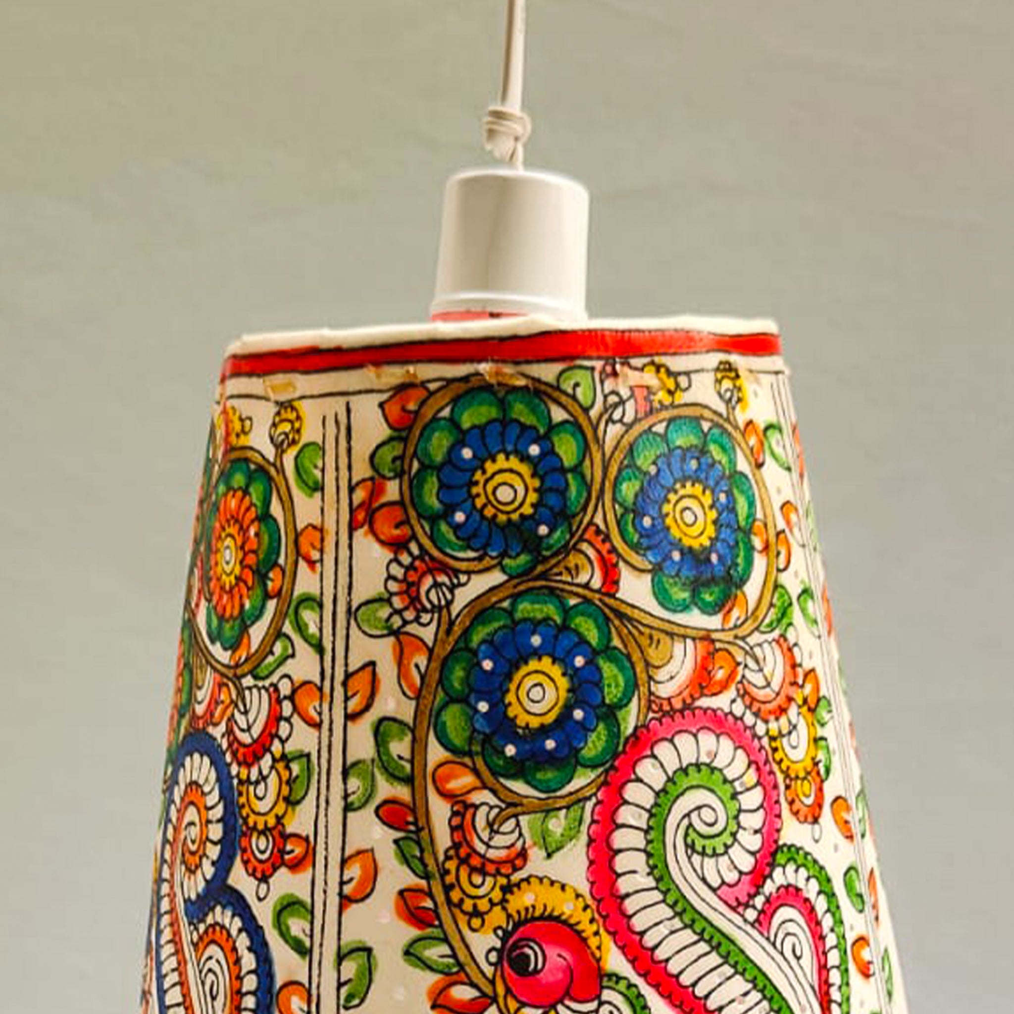 White Andhra Leather Hanging Lamp Multicolor Flora & Fauna for Nature-Inspired Decor-10 Inch