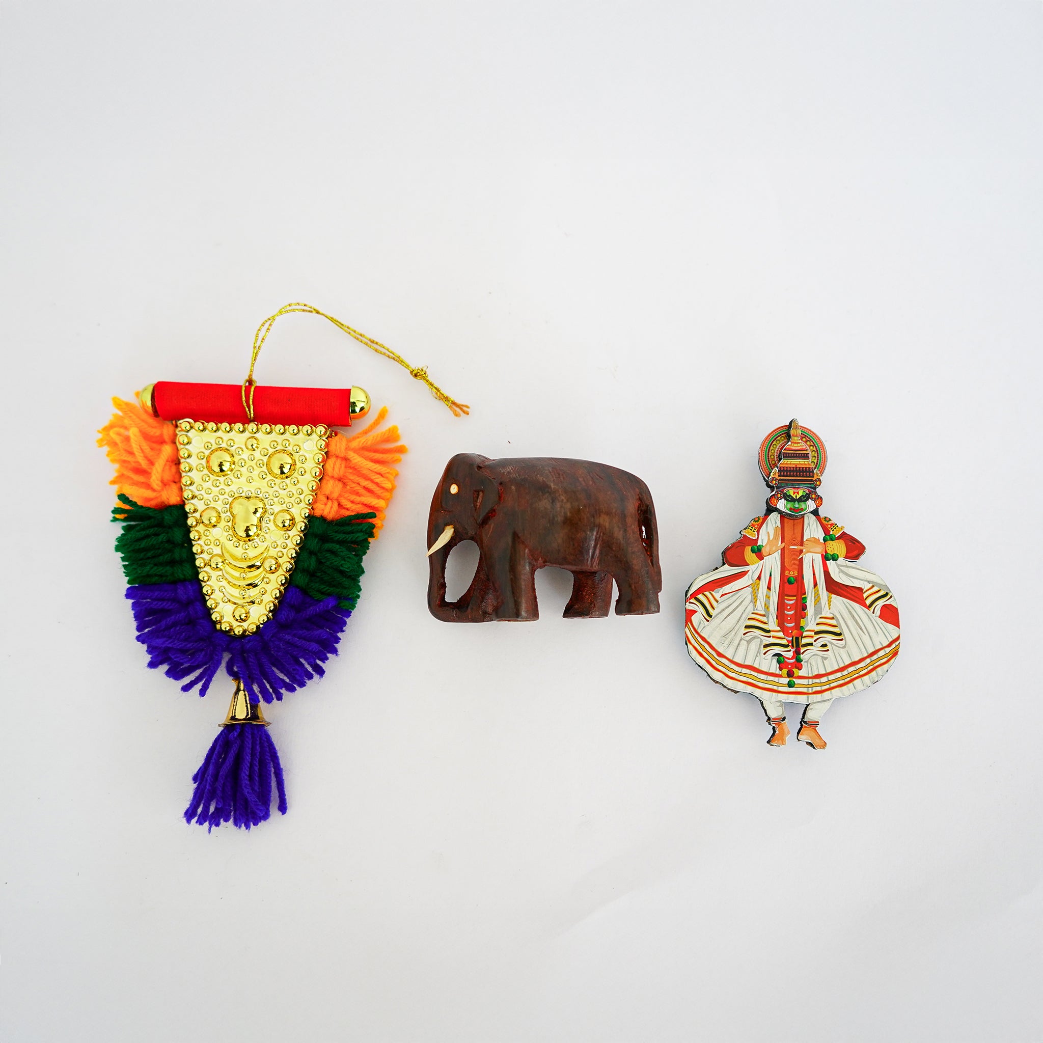 Traditional Onam Decor Mini Gift Set - Elephant, Full Posture Kathakali Magnet & Nettipattam Car Hanging
