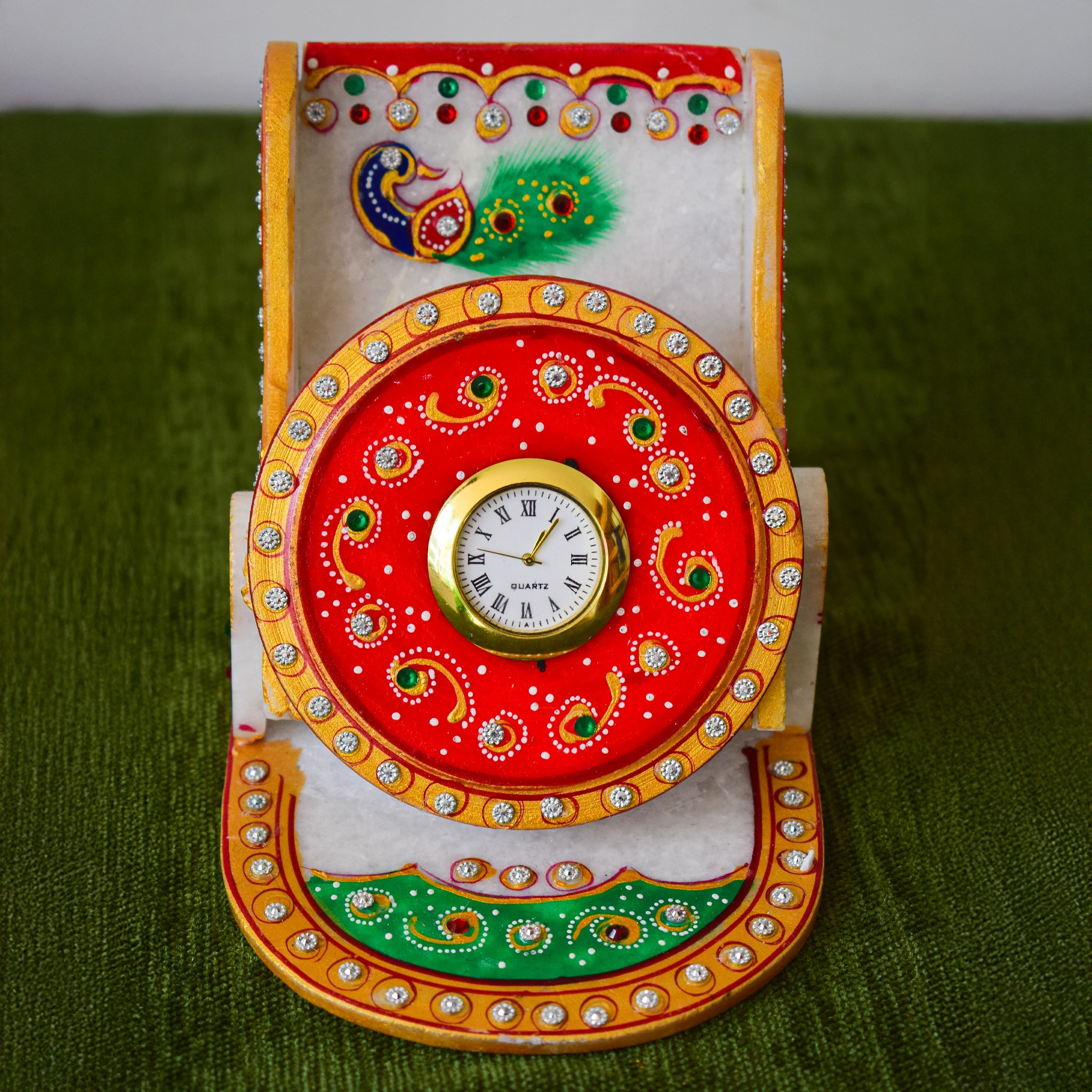 Kishangarh Marble Phone Stand with Hand-Painted Peacock and Clock