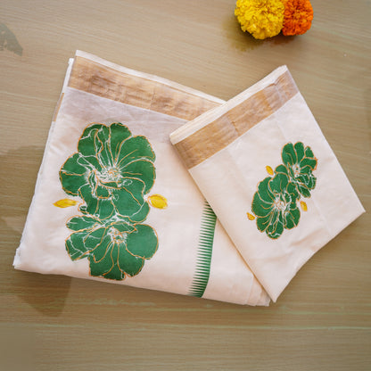 Elegant Kerala Kadavu Saree with Hand-Painted Green Floral Motifs