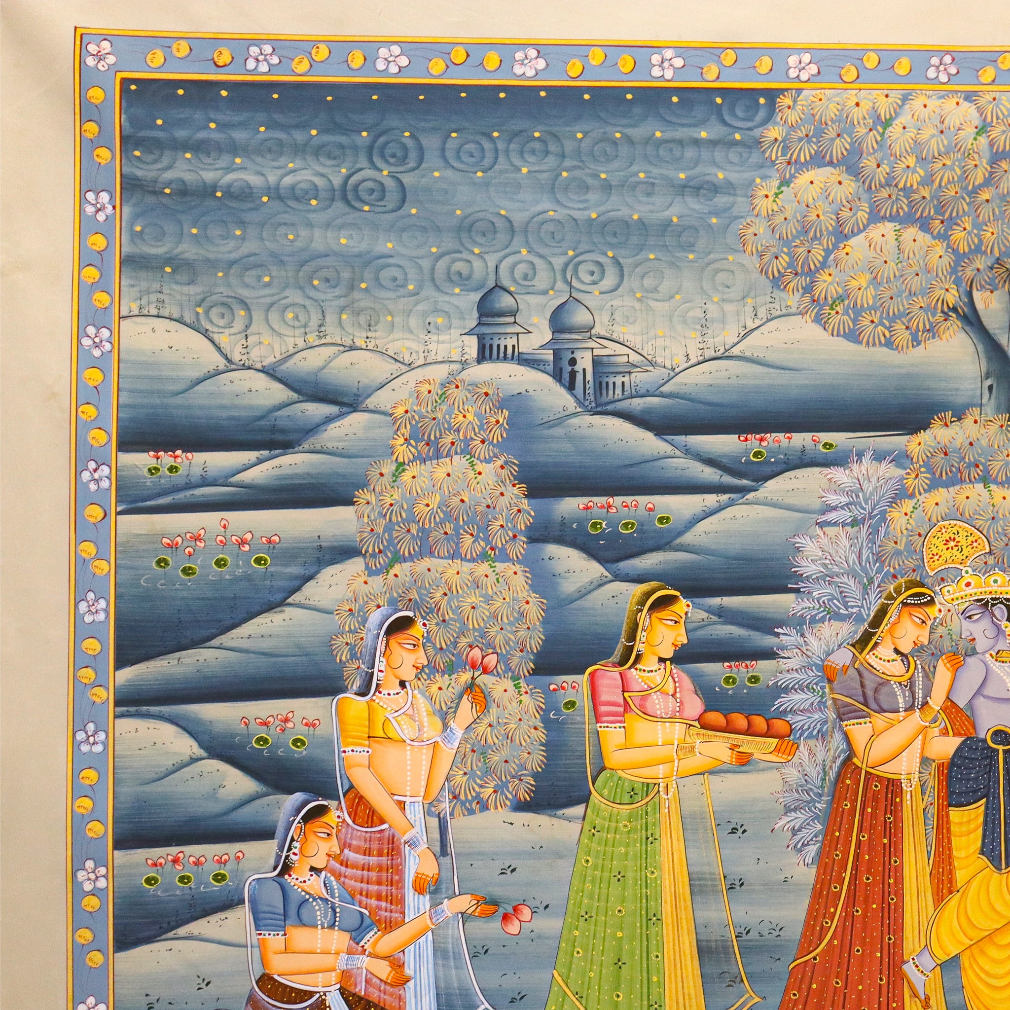 Traditional Pichwai Art of Radha Krishna Under Tree with Devotional Music Theme-Made to Order