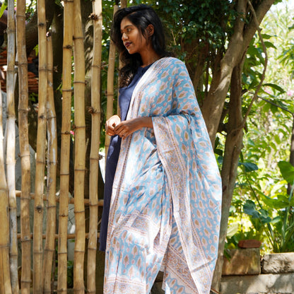 Shop Blue Hand Block-printed Chambric Dupatta Online