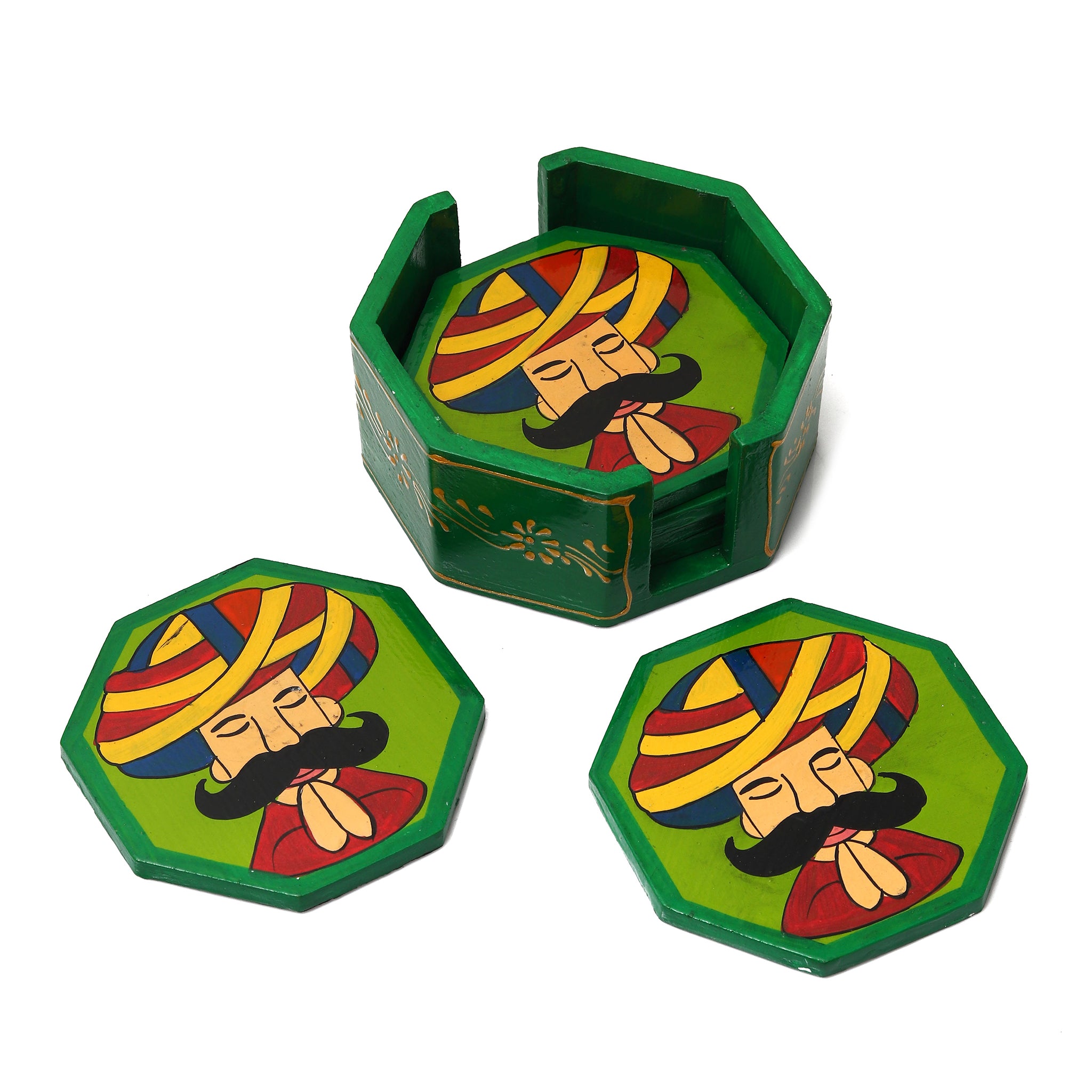 Hand Painted Man In Turban Hexagon Shaped Wooden Tea Coaster-Set of 6