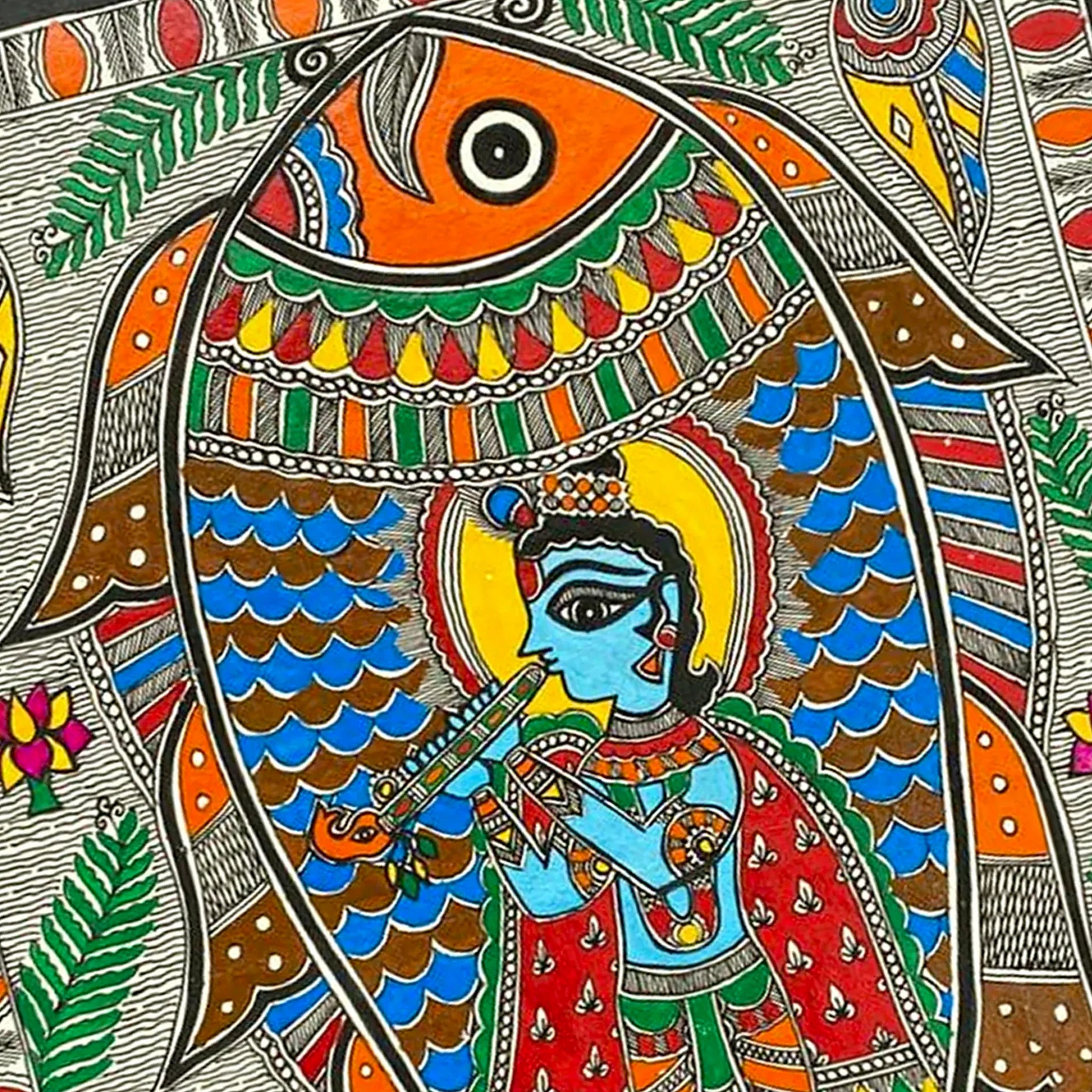 Handcrafted Madhubani- Matsya Krishna Art: Traditional Mithila Paintings of Prosperity-Made to Order
