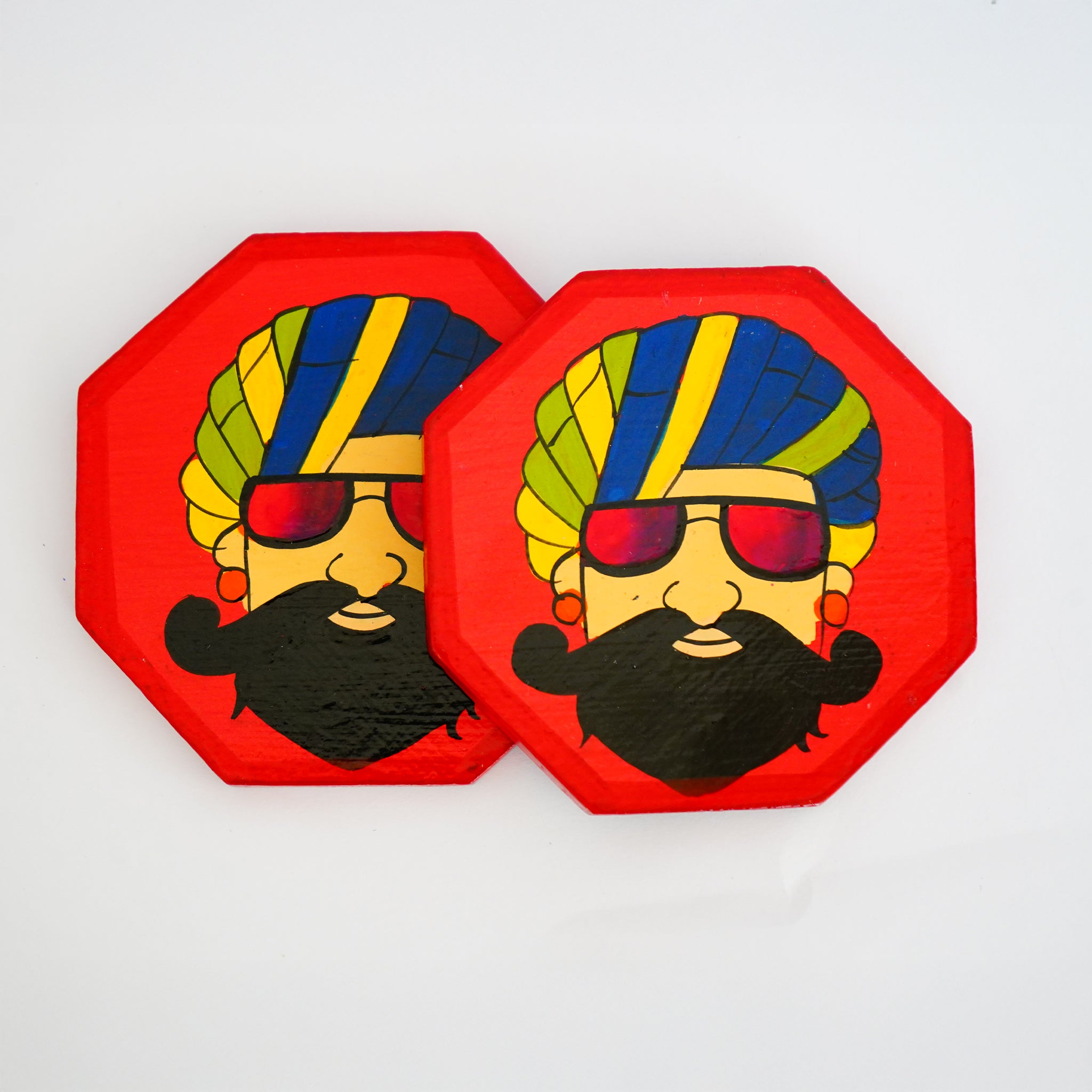 Hand Painted Man in Turban Hexagon Shaped Wooden Tea Coaster-Set of 6