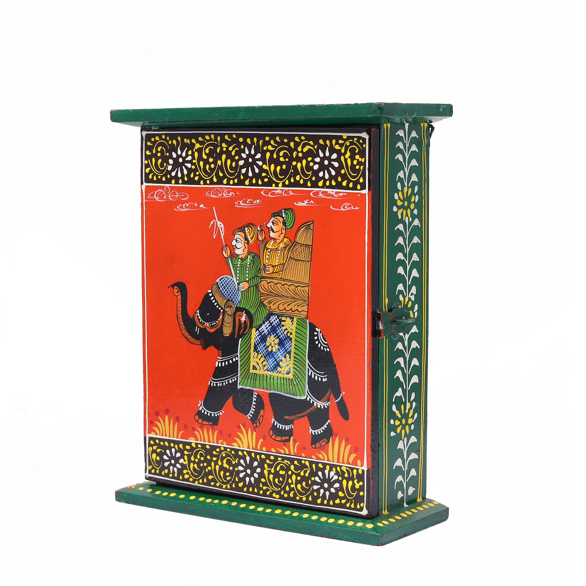 Rajasthani Hand-Painted Royal Elephant Wooden Key Holder Box-Orange