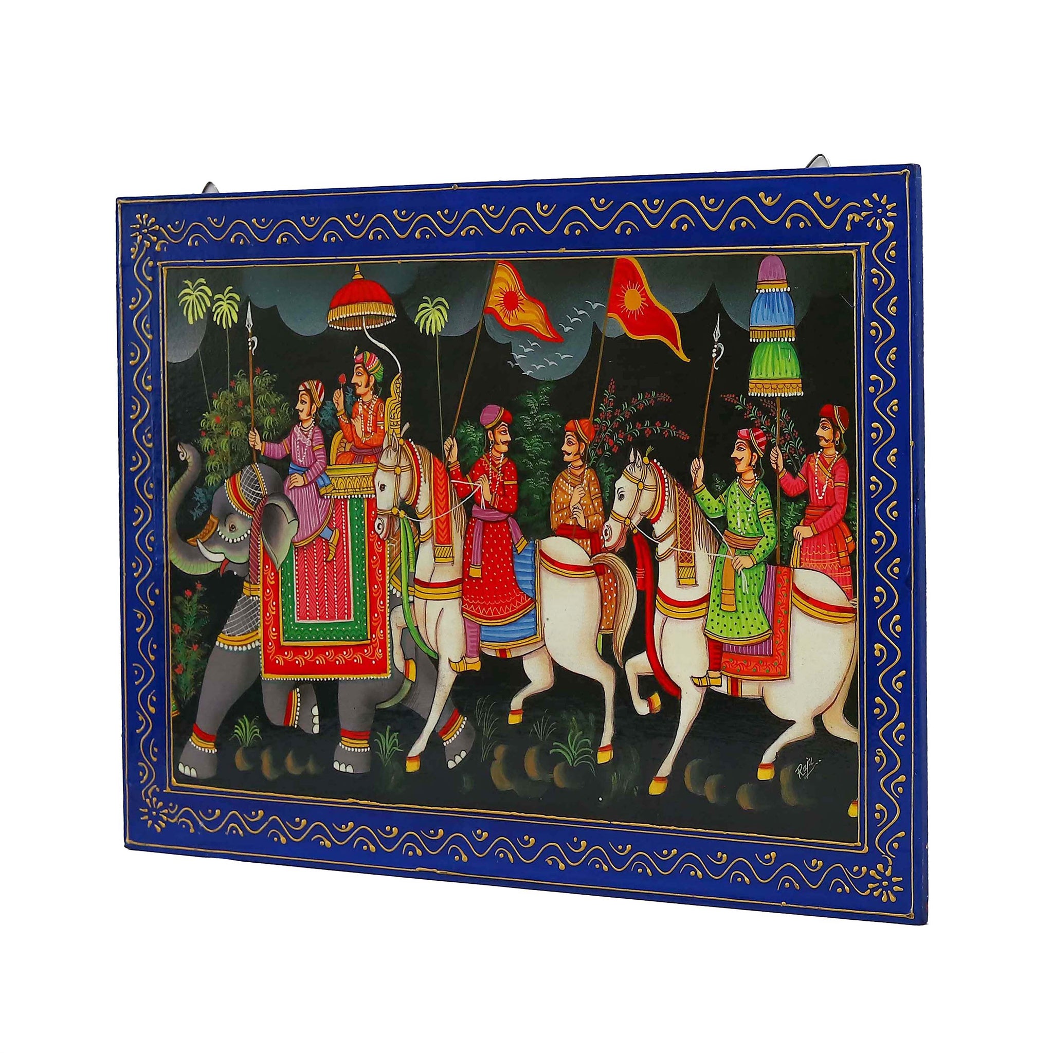 Hand Painted Majestic King & Queen with Elephant and Soliders Cultural Elegance