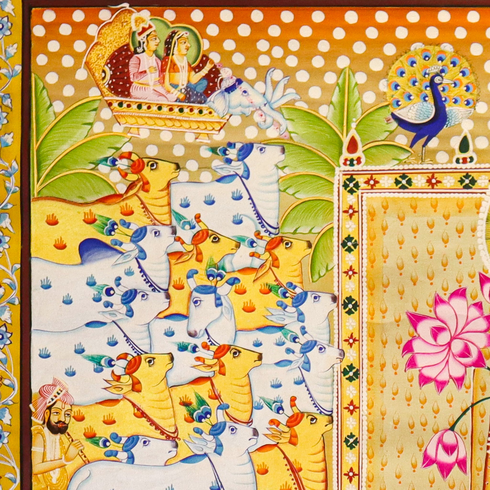 Srinathji Divine Wedding Pichwai Painting with Radha, Krishna & Sacred Cows(36.5 X 48.5 Inches)