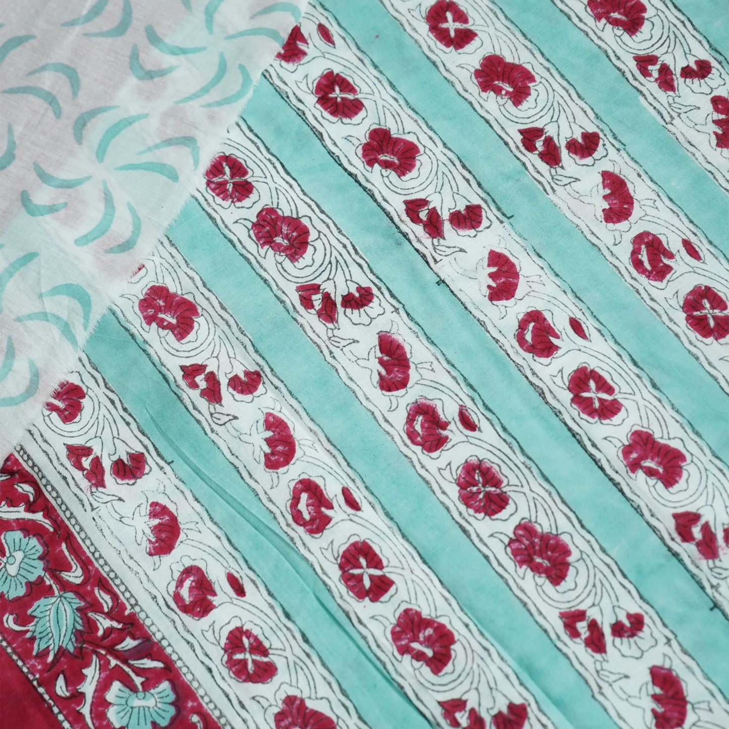 Spring Blossom: Hand Block Printed Cotton Saree in Pistachio, White, and Rani Pink with Floral Motif