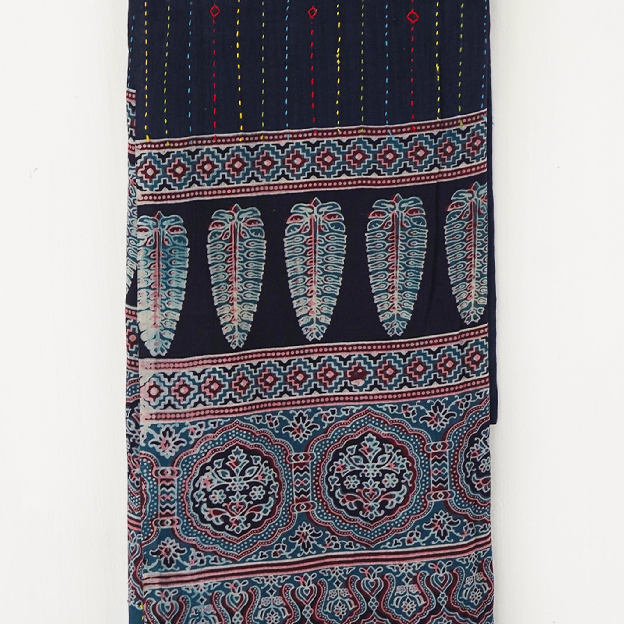 Elegant Ajrakh Block Print Dupatta with Kantha Embroidery – Double Shade Design