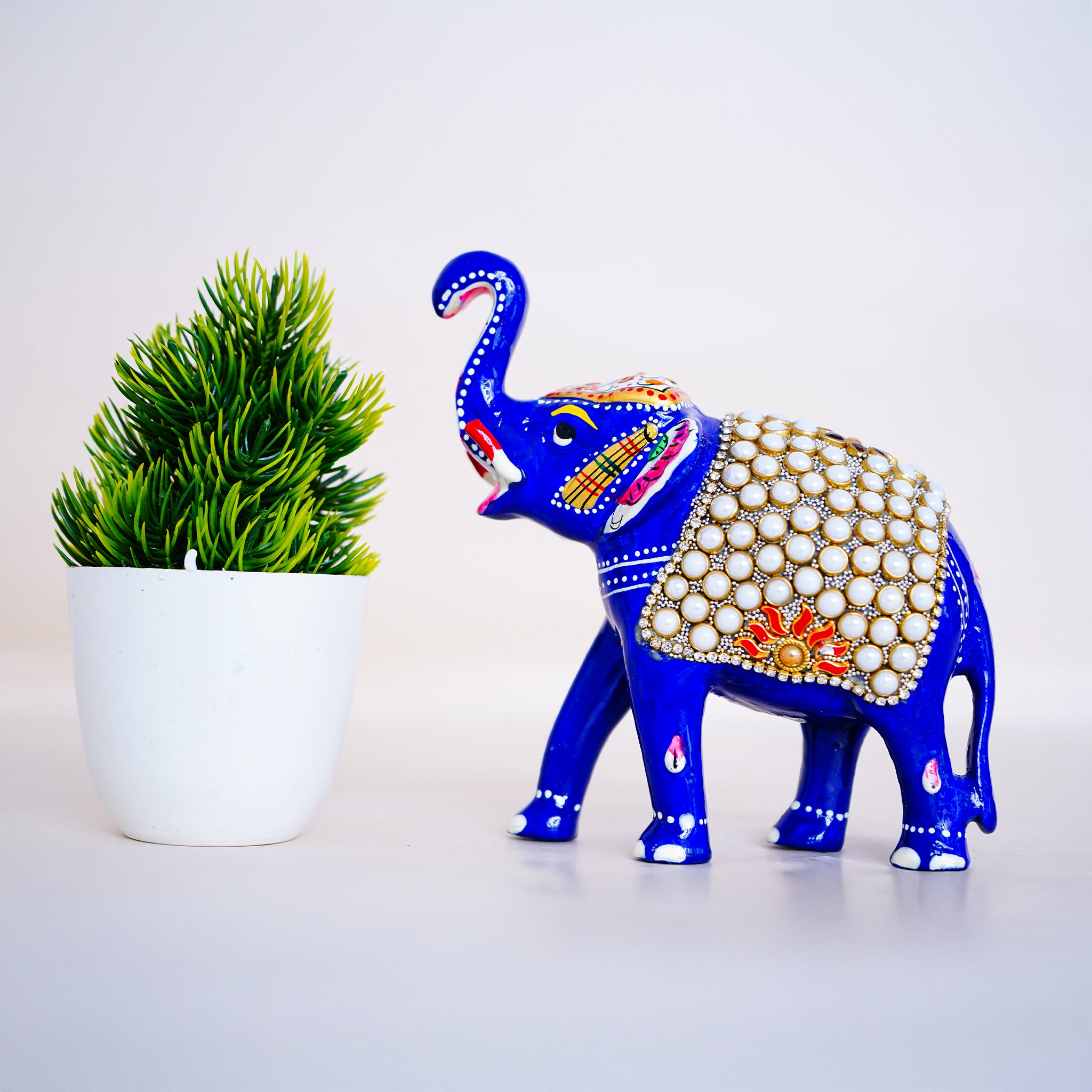 Elegant Handcrafted Meenakari Design Elephant Beaded Statue Blue