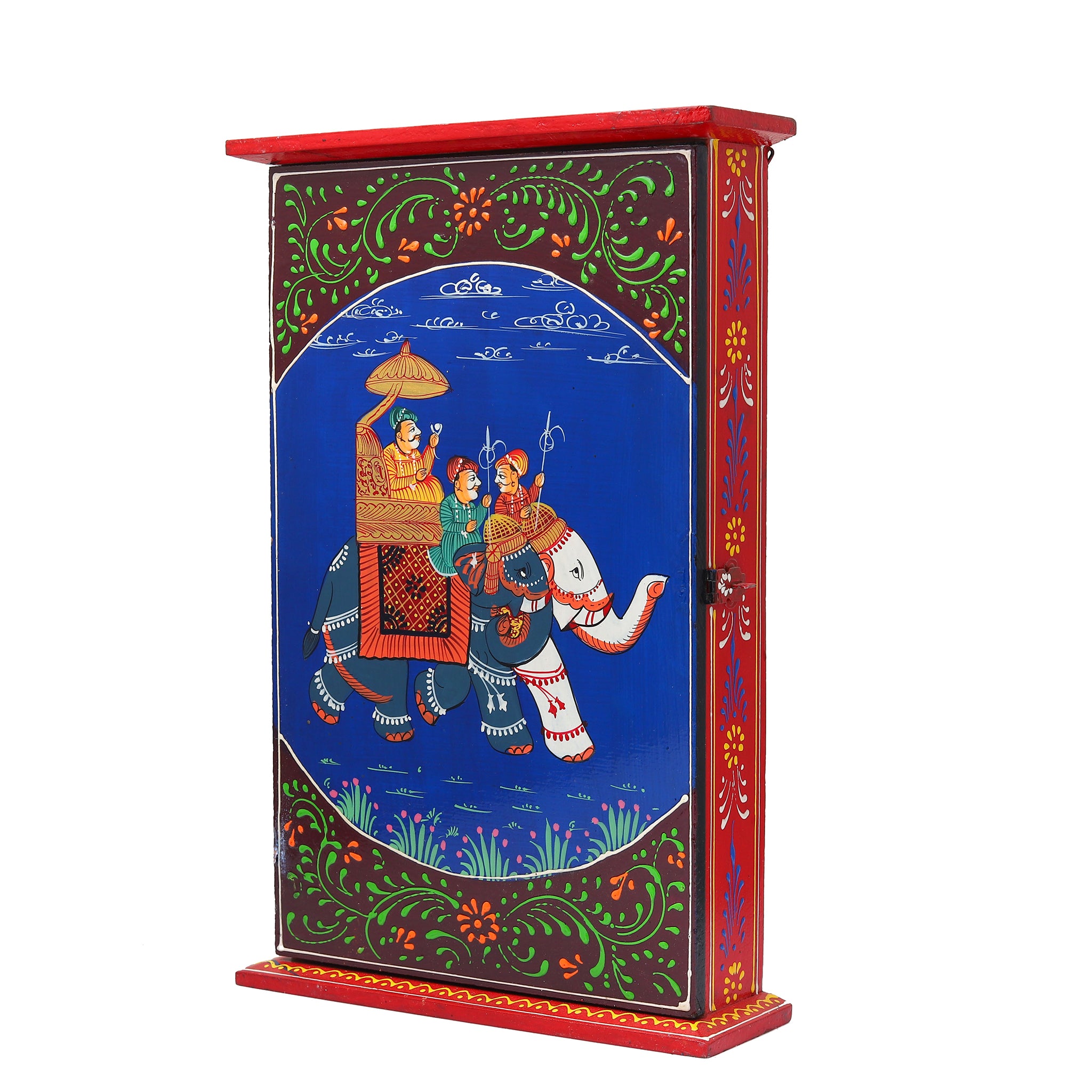 Rajasthani Hand-Painted Royal Elephant Wooden Key Holder Box-Blue