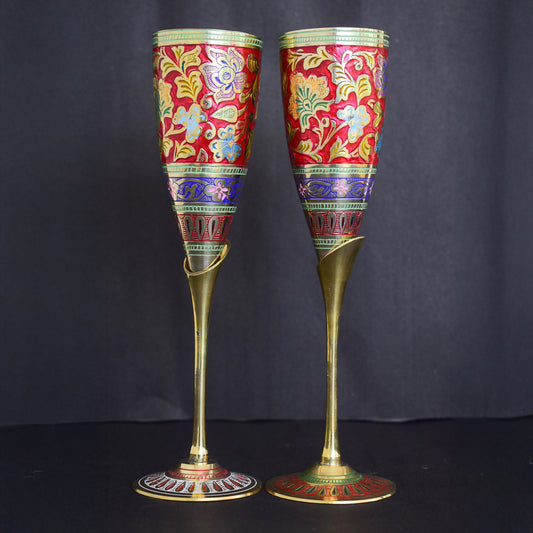 Brass Wine Glass with Handmade Red Floral Minakari Work-Set of Two