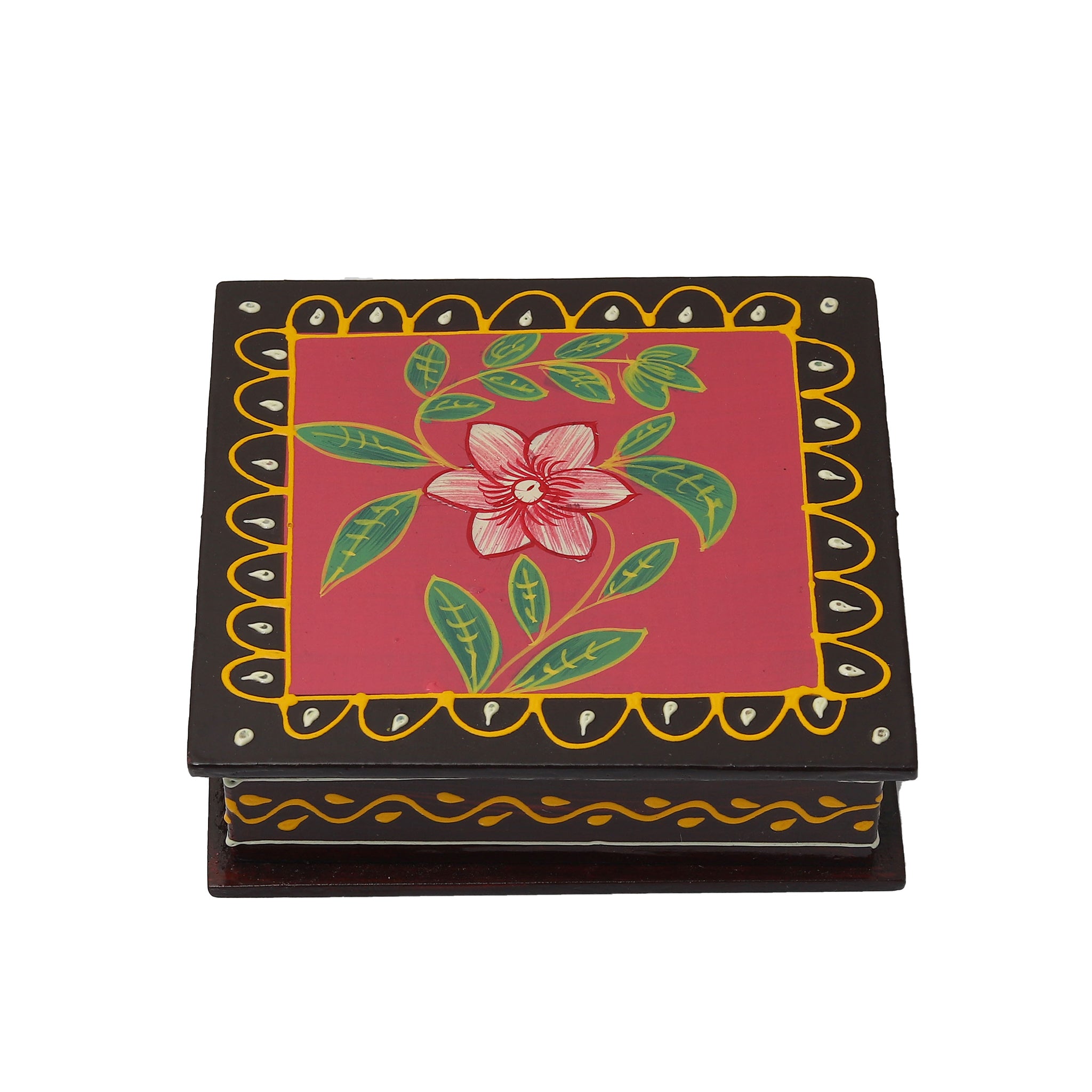 Hand Painted Flower Square Shaped Wooden Tea Coaster Pink Color- Set of 6