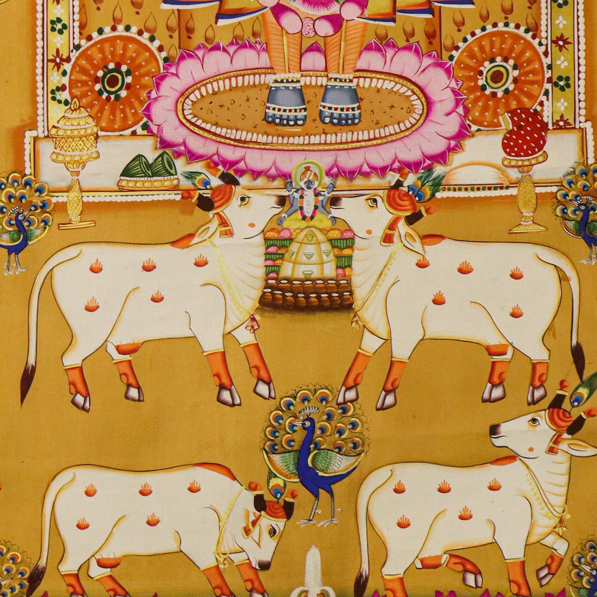 Srinathji Pichwai Painting with Sacred Cows & Traditional Motif Border(40.5 X 44.5 Inches)-Made to Order