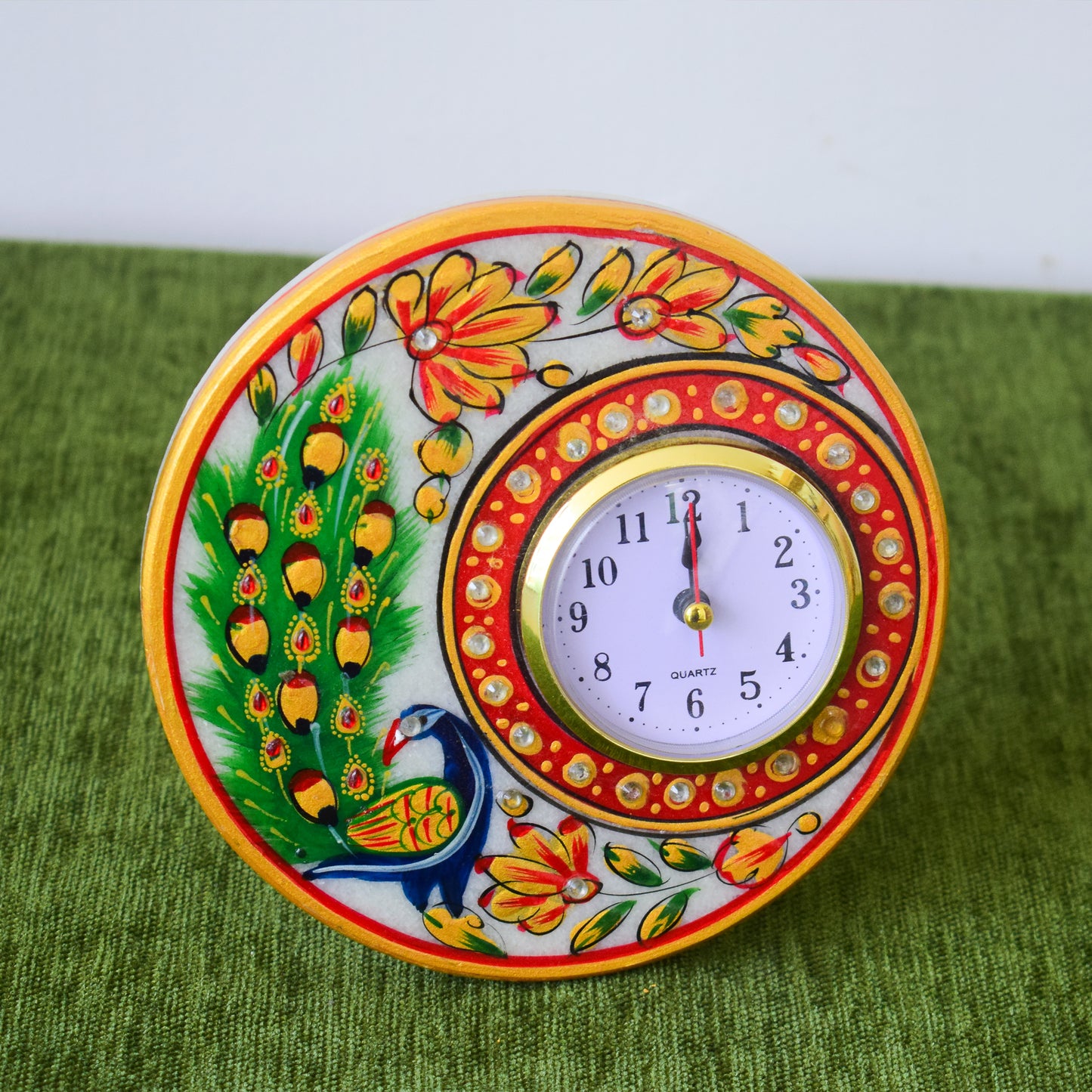 Kishangarh Marble Clock with Hand-Painted Peacock Motifs