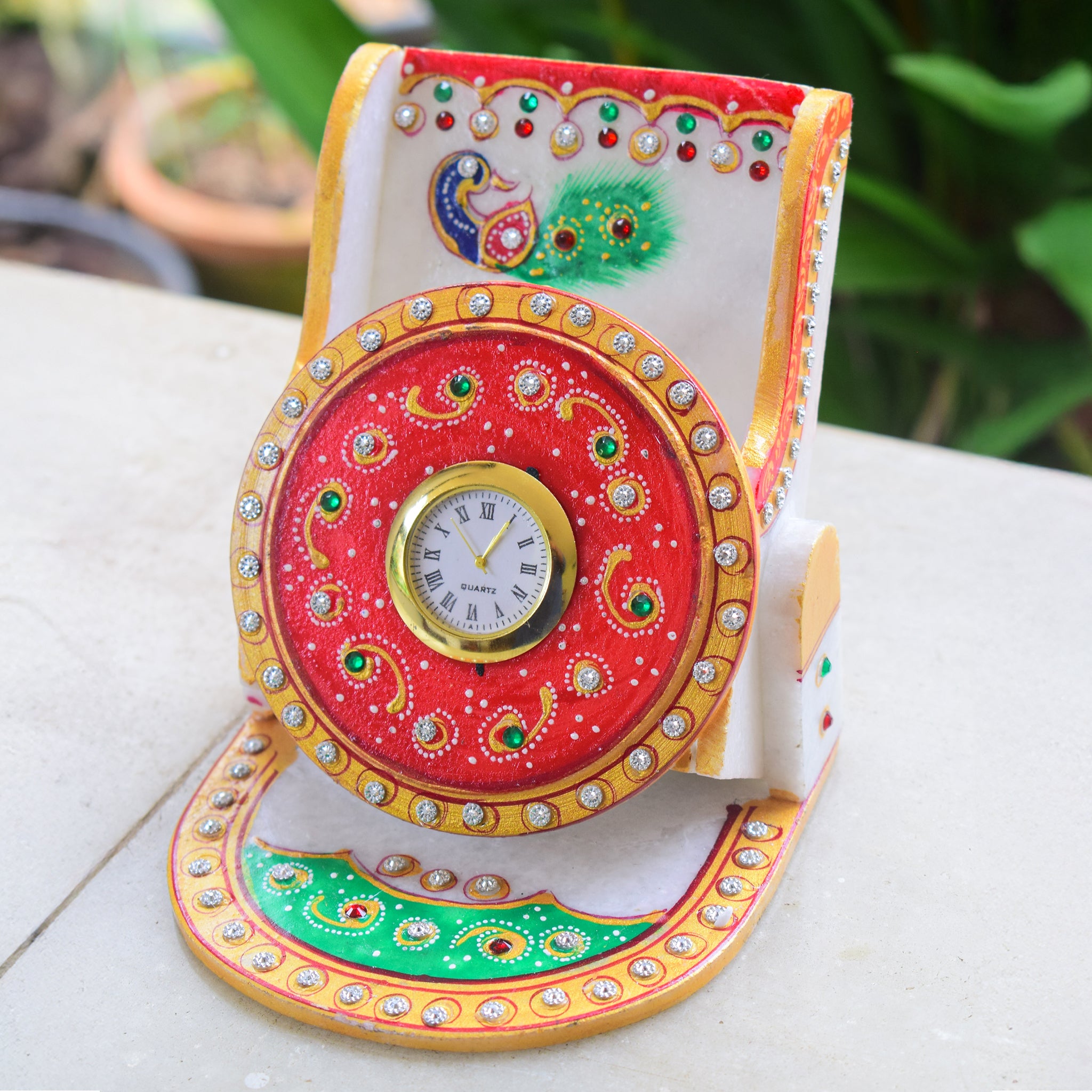 Kishangarh Marble Phone Stand with Hand-Painted Peacock and Clock