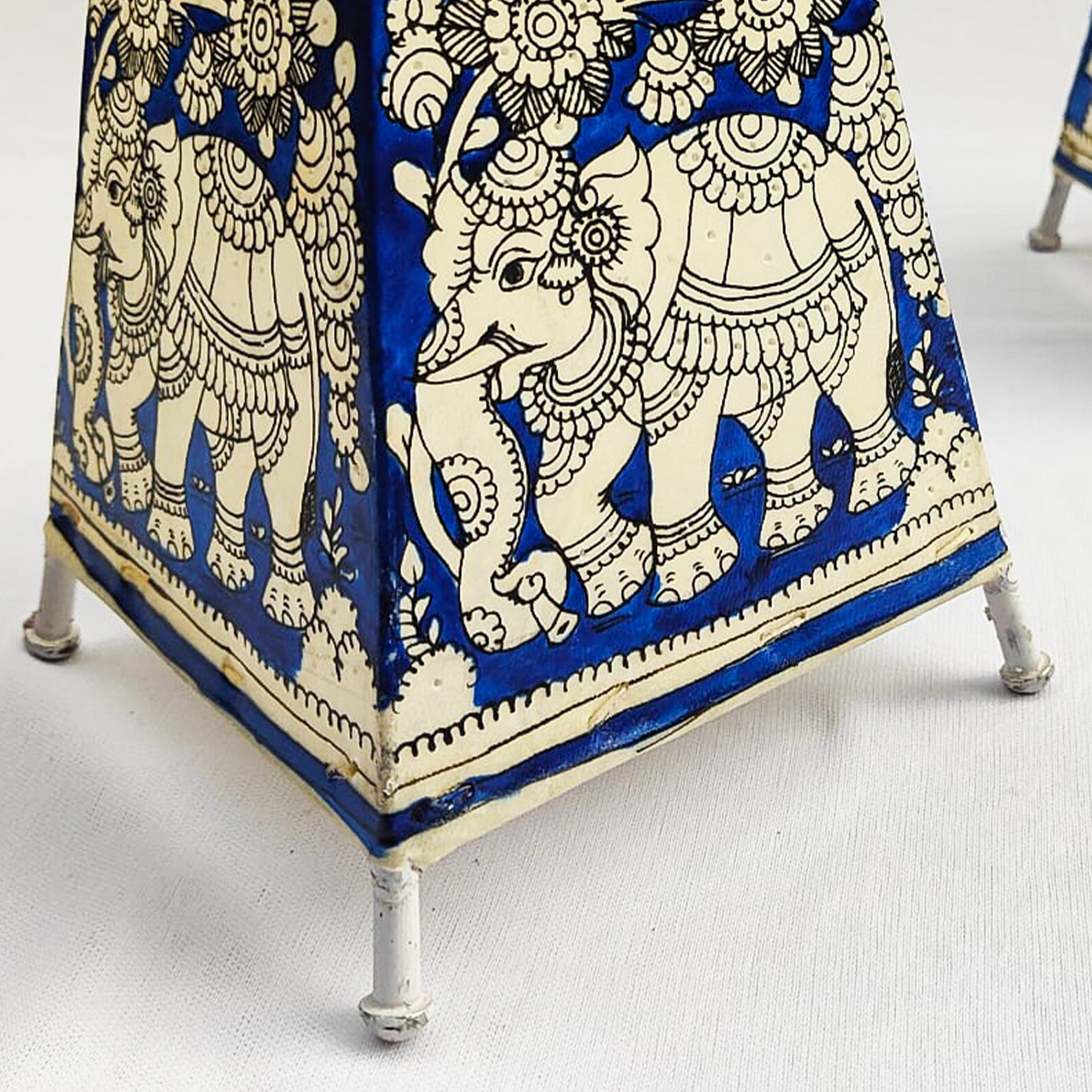 Blue Square Andhra Leather Table Lamp Floral Jhal & Fauna