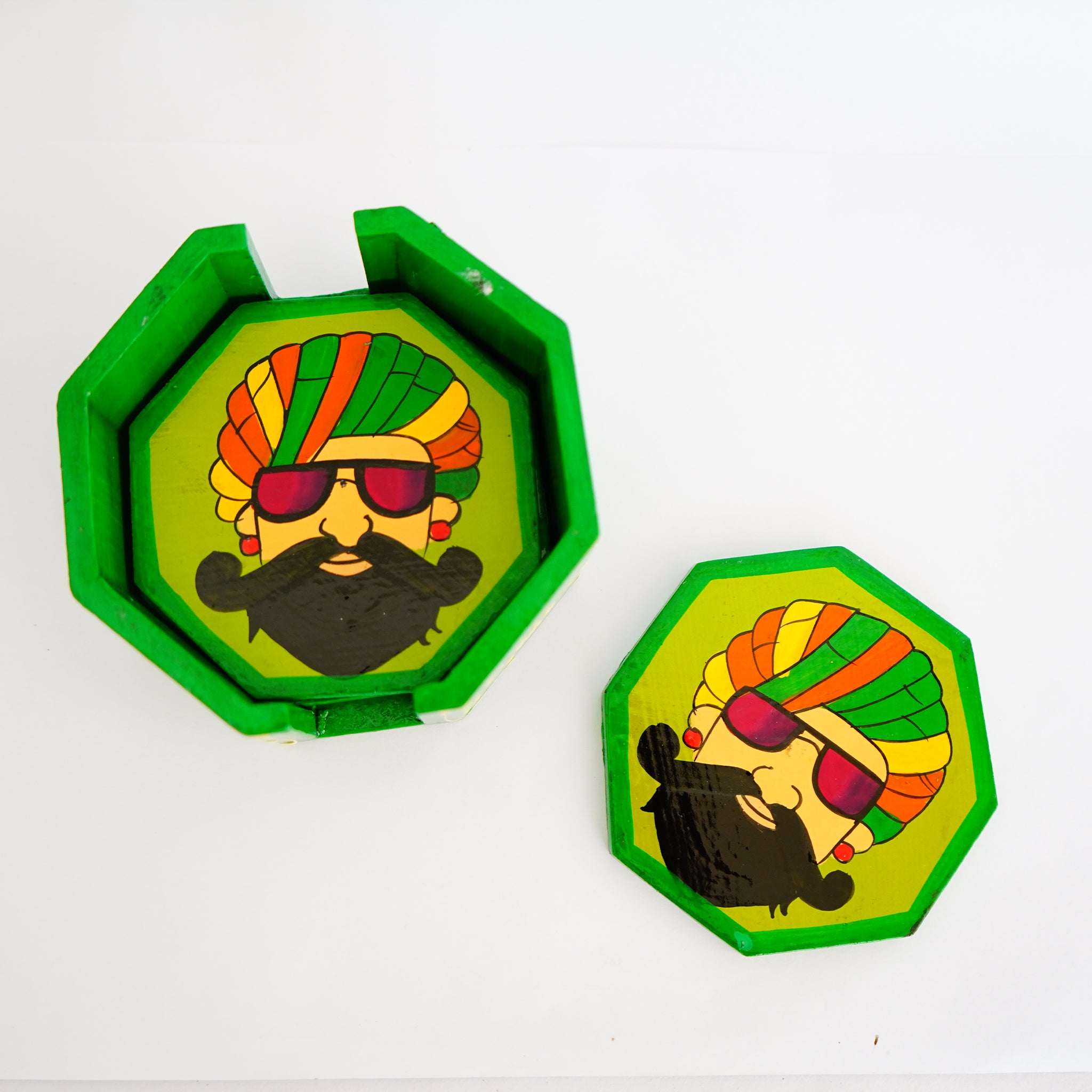 Hand Painted Man in Turban Hexagon Shaped Wooden Tea Coaster-Set of 6