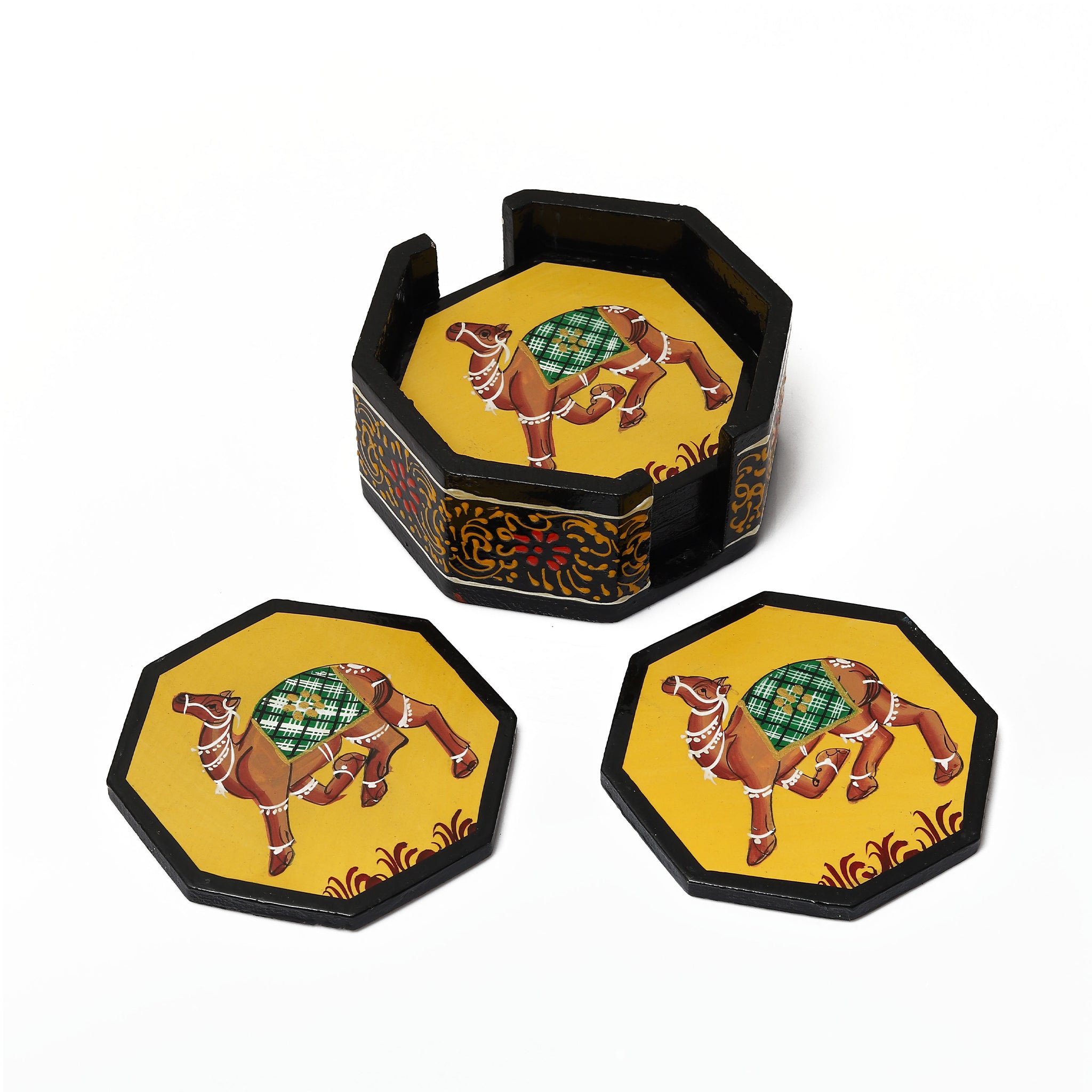 HandPainted Camel Hexagonal Shaped Wooden Tea Coaster - Set of 6