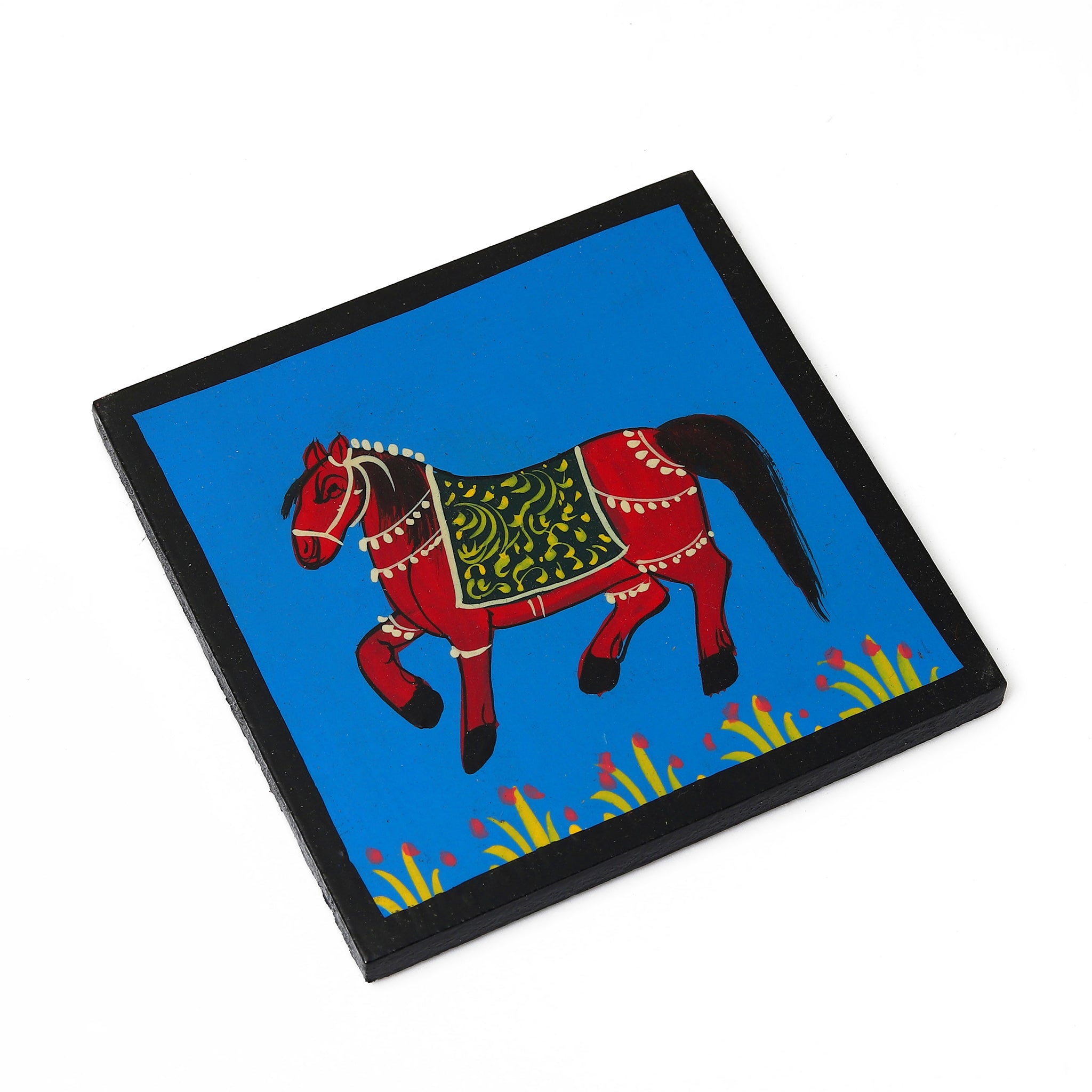 Hand Painted Horse Square Shaped Wooden Tea Coaster Blue Color- Set of 6