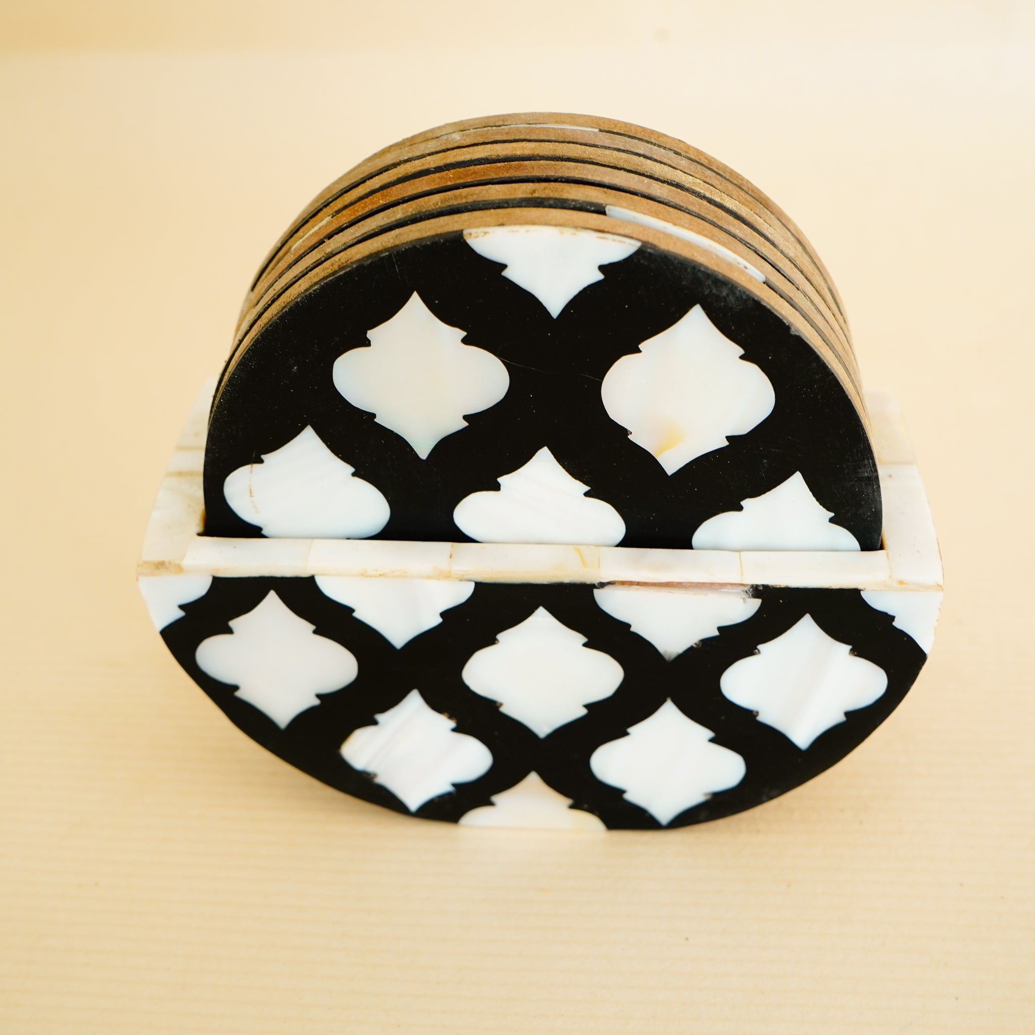 Stylish Round Wood Coasters with Black & White Pattern Shell Coaster