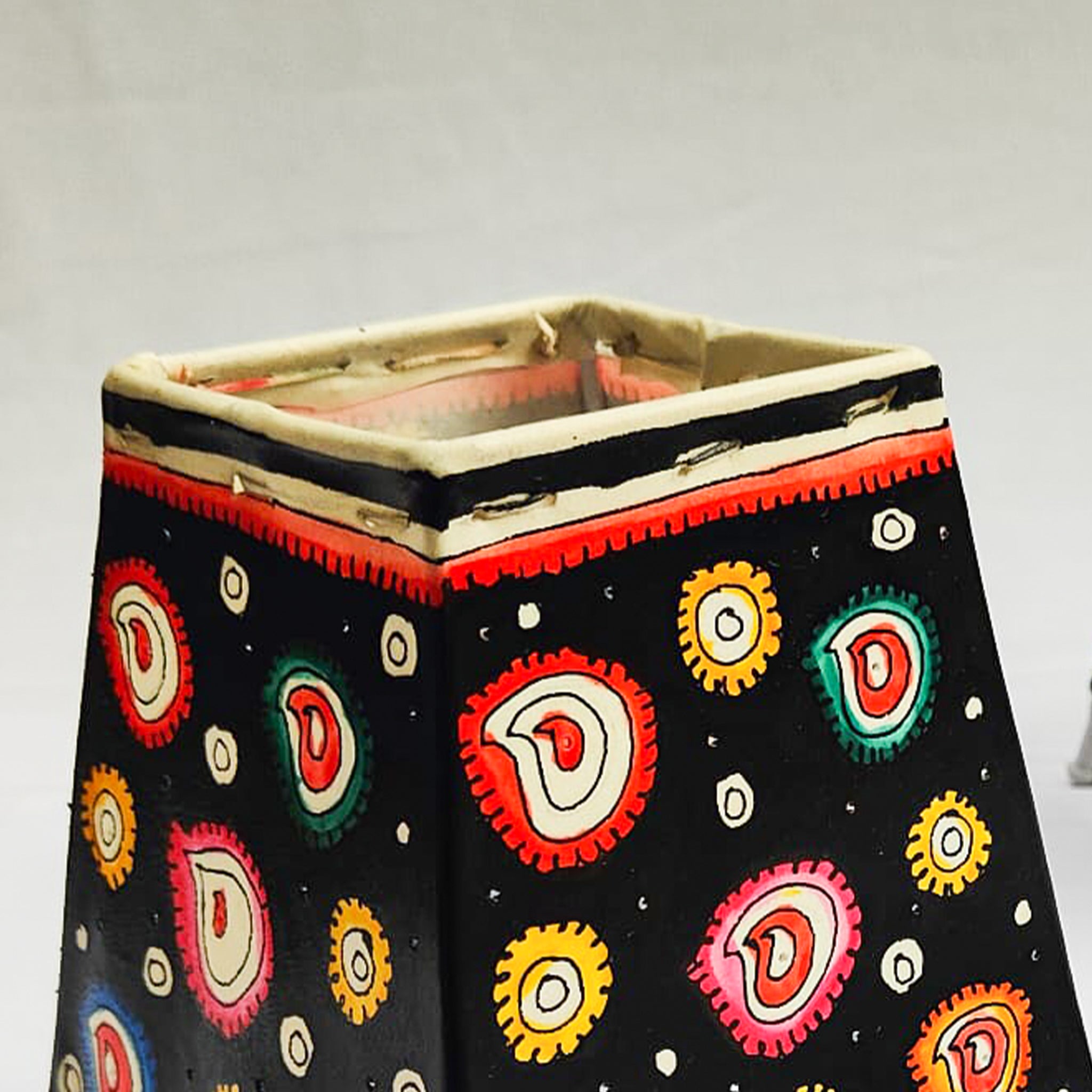 Black Square Andhra Leather Table Lamp  with Multicolor Motifs