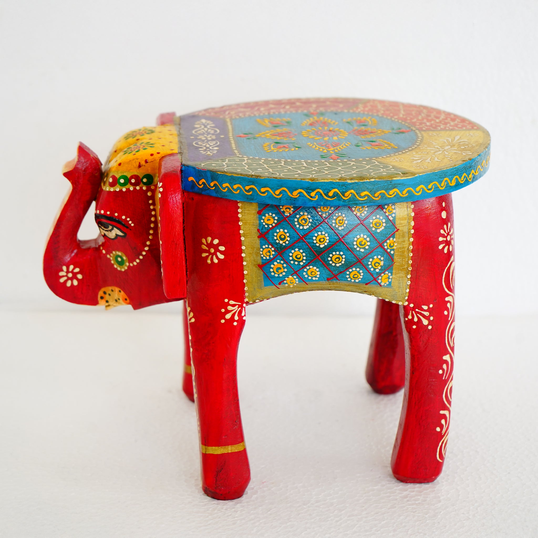 Hand-Painted Wooden Elephant Stool-Multicolor