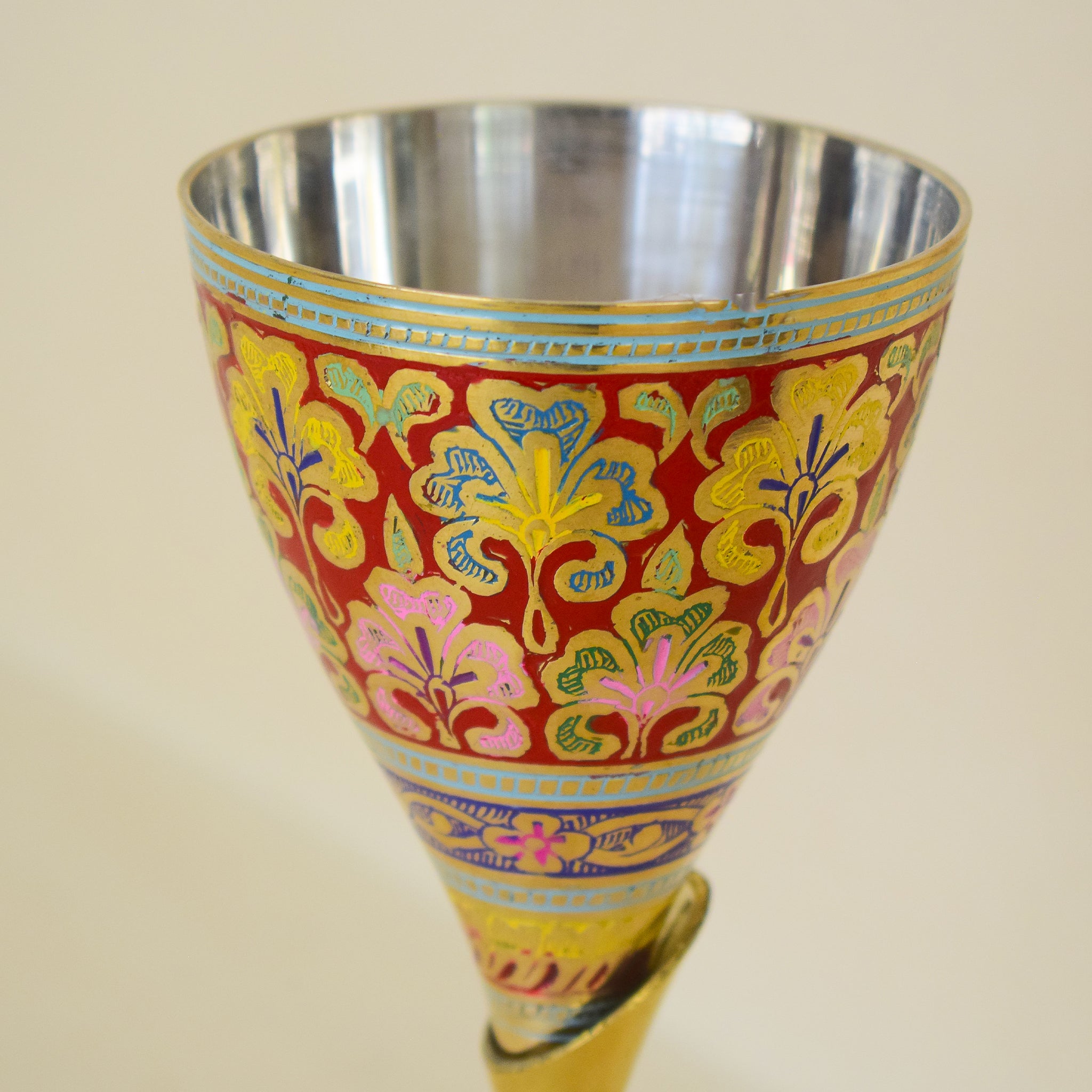 Brass Wine Glass with Handmade Golden and Red Floral Minakari Work