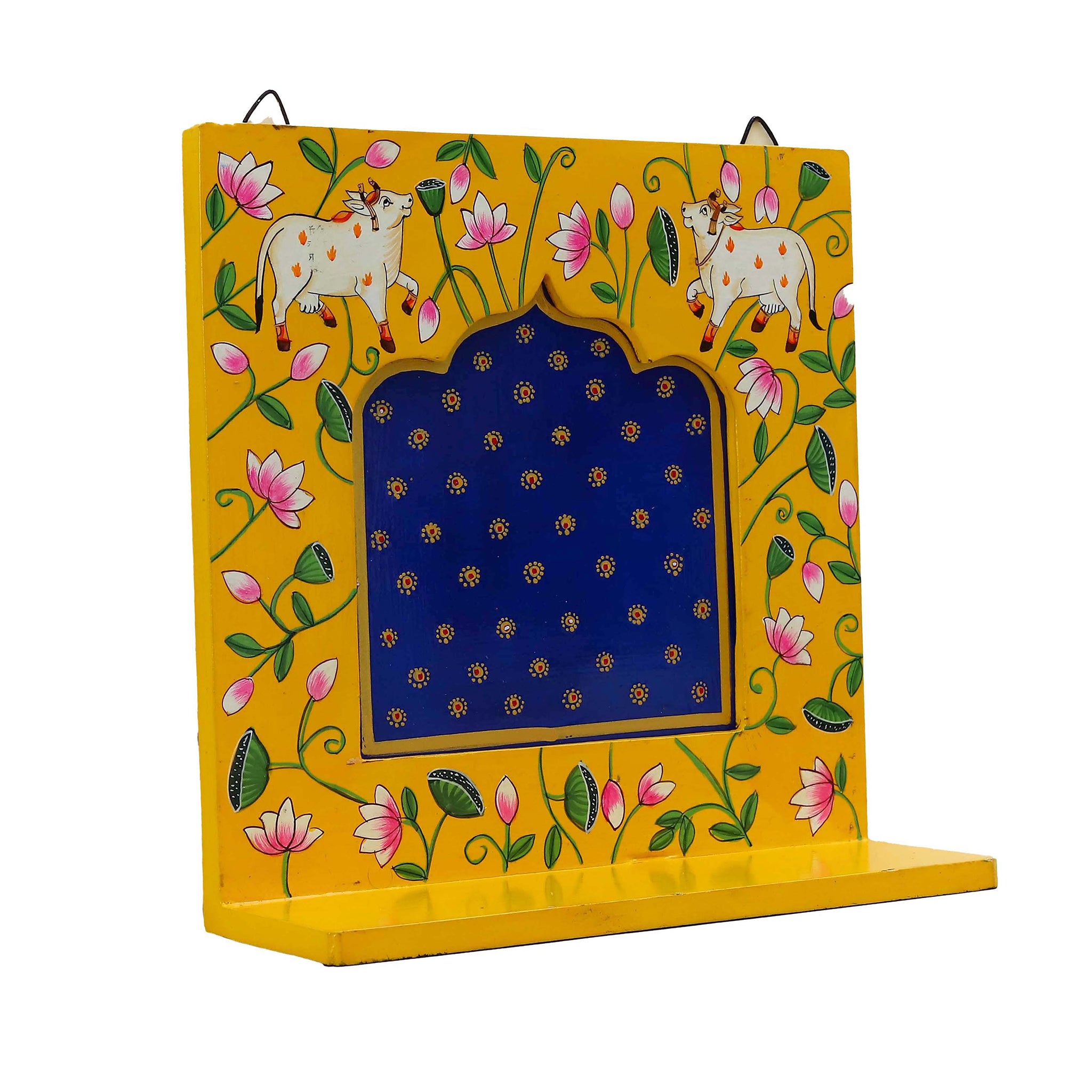 Pichwai Hand Painted Yellow Photo Frame with Floral Vines and Cow